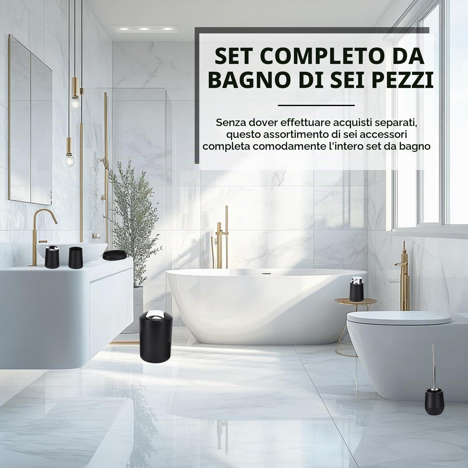 Tissting Set Completo Accessori Bagno 6 Pezzi Design Moderno Nero in PP Plastica con Pattumiera, Scopino, Portaspazzolino, Dispenser di Sapone per Lozione, Portasapone, Tazza