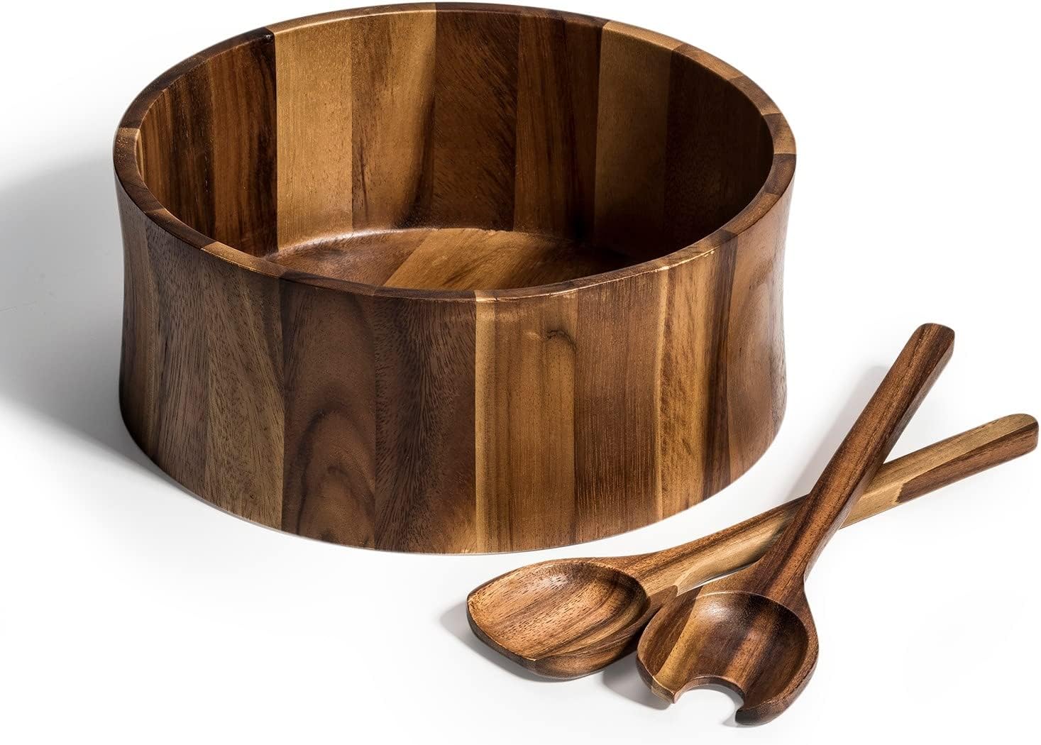 Extra Large Salad Bowl with Servers Brown Wood 3 Piece Includes Serving Utensils