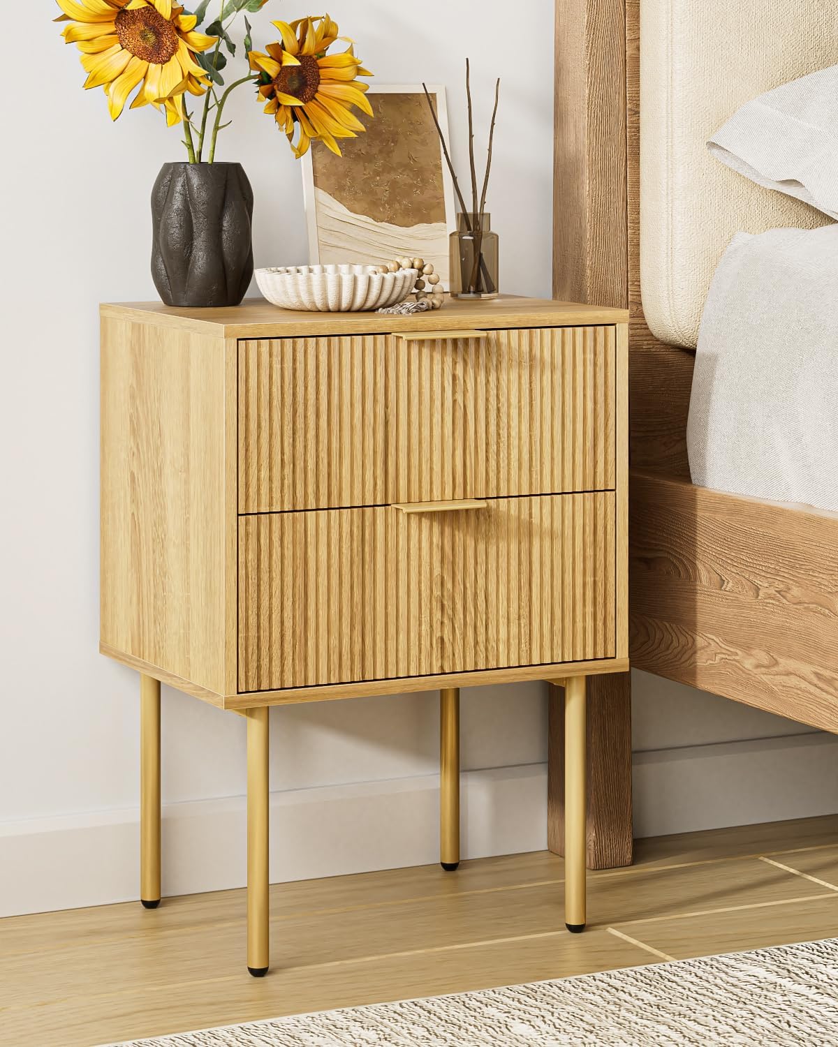 Nightstand,Morden Bedside Table with Gold Frame,Small Night Stand,End Table,Bedside Furniture,Side Table with 2Drawers for Bedroom,Living Room (2Drawers, Oak)