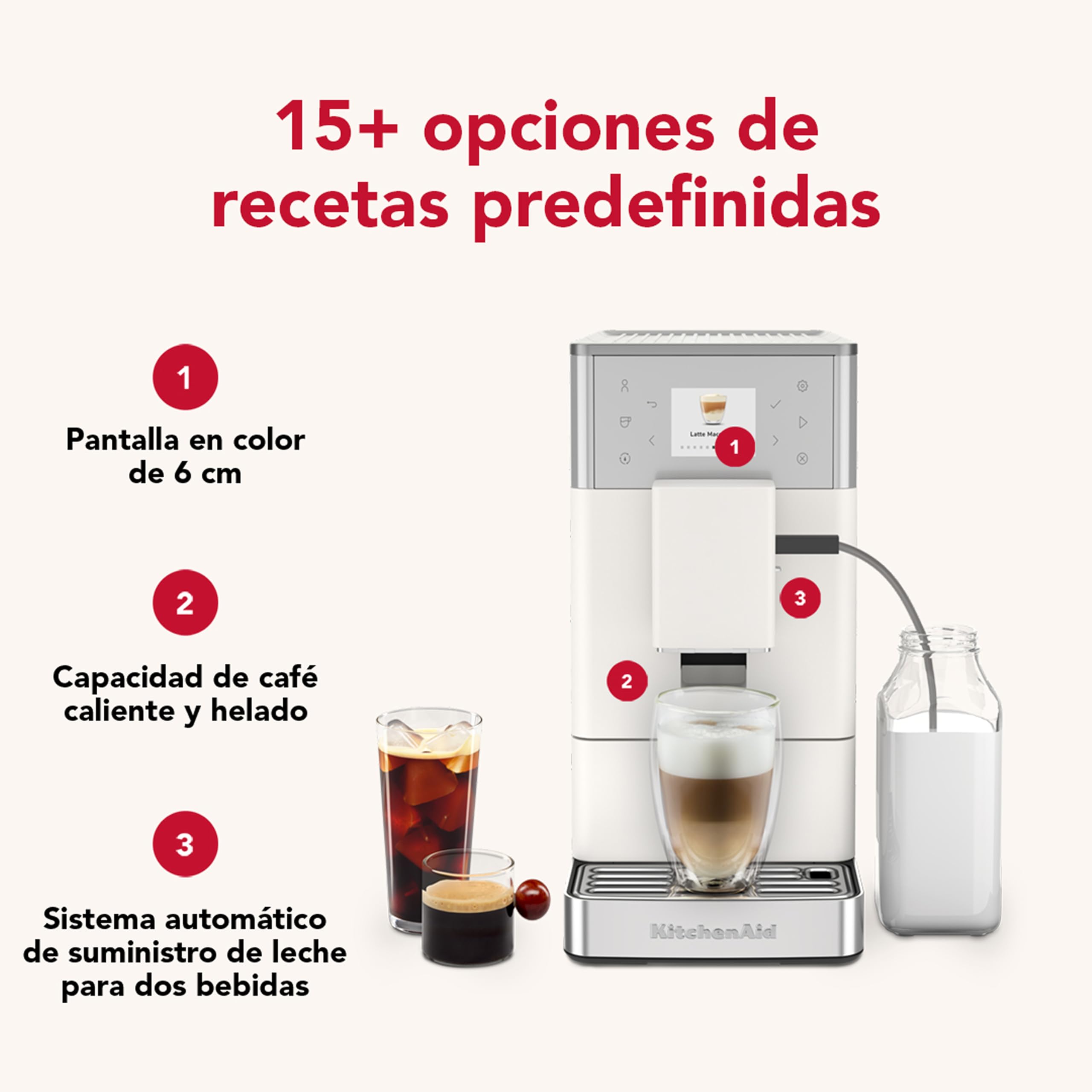 KitchenAid KF3 Cafetera Espresso Automática, Sistema AutoMilk, Molinillo IntelliGrind, 15+ Recetas, Café Frío, Pantalla Color 6cm, 15-18 Bar, Blanco Porcelana