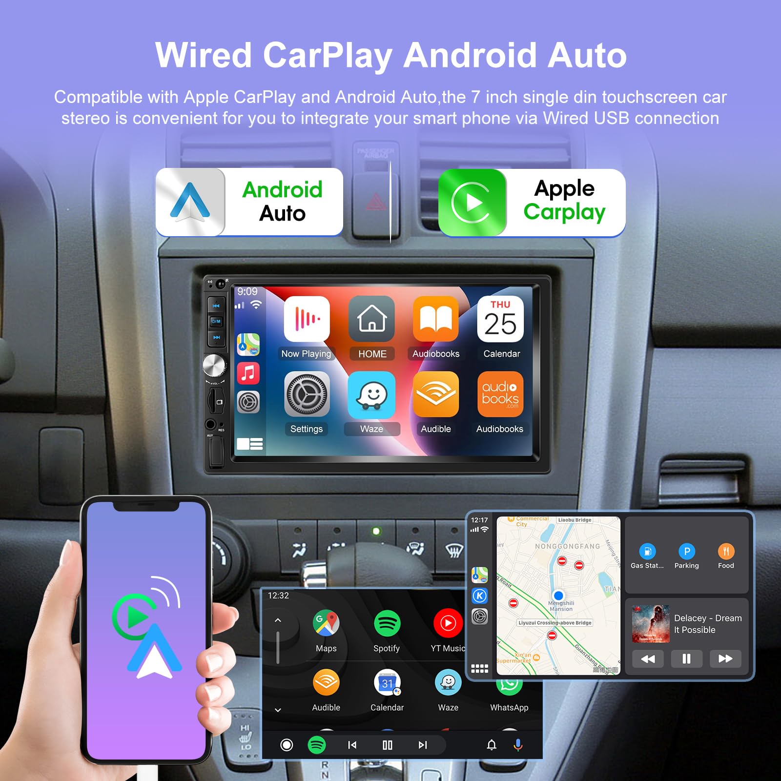 Autoradio 2 Din con Wired Carplay e Android Auto - Radio Touchscreen da 7 Pollici con EQ, Mirror Link, Bluetooth, Radio FM, SWC, Ingresso USB/AUX/SD + Telecamera di Backup