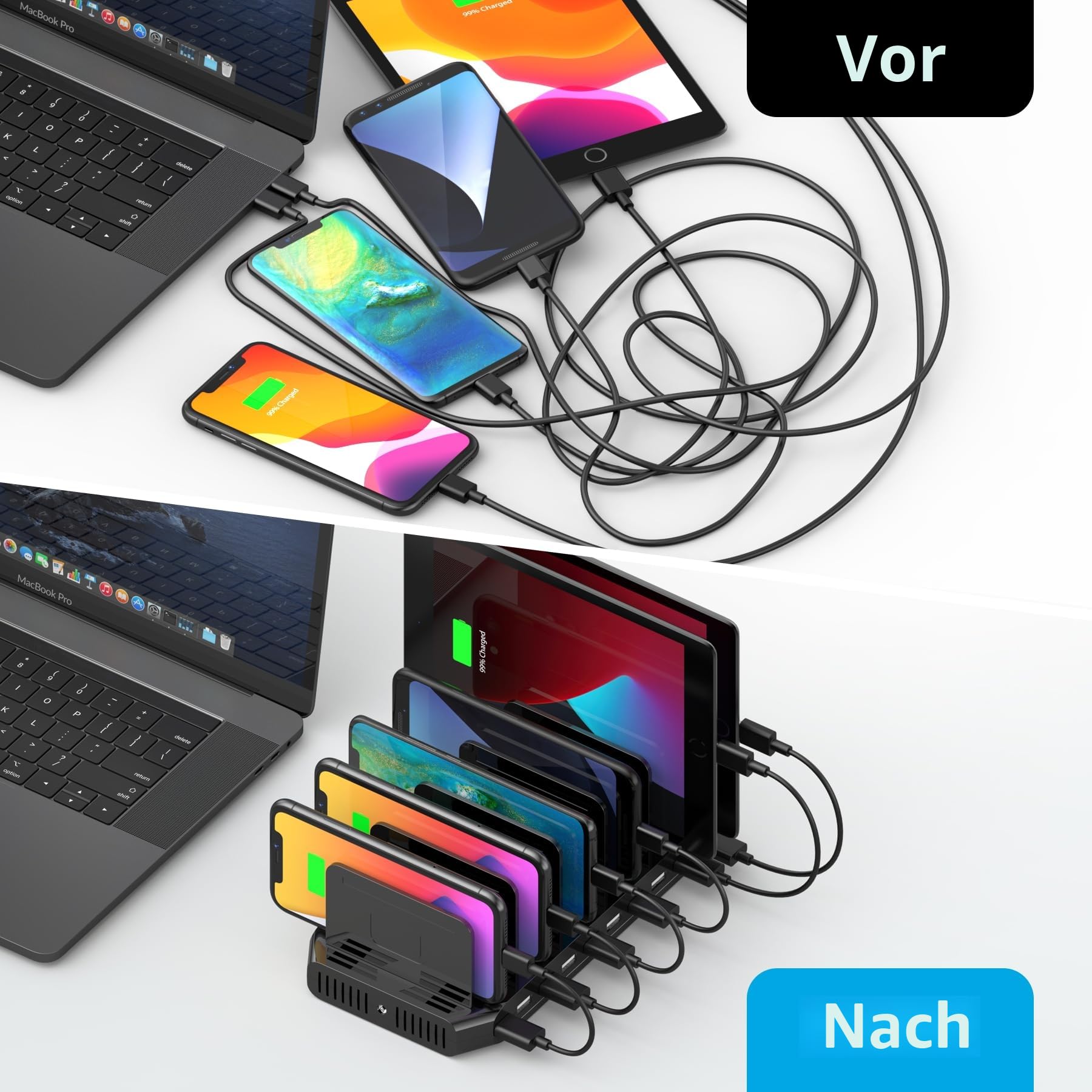 Unitek 60W 10 Port USB Multi Ladestation, Handy Ladestation Mehrfach | Organizer Einstellbaren Teiler für Tablet und Andere USB Geräte
