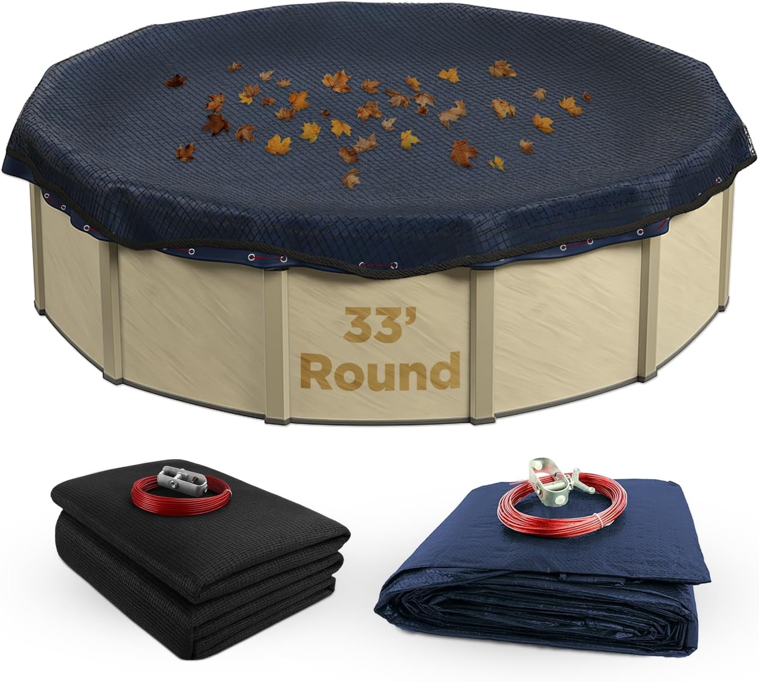 Buffalo Blizzard Bundle for 33 ft Round Above-Ground Swimming Pools | Economy Blue/Black Reversible Winter Cover with 3 ft Overlap | Mesh Leaf Net Cover Closing Kit
