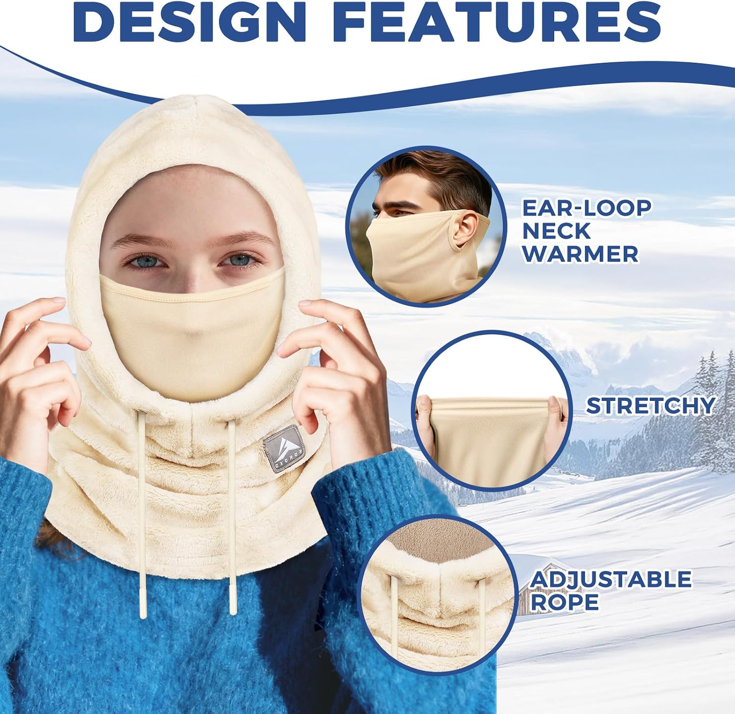 Balaclava Ski Mask for Men & Women - Windproof Thermal Fleece Face Mask with Neck Gaiter for Skiing, Snowboarding Beige White