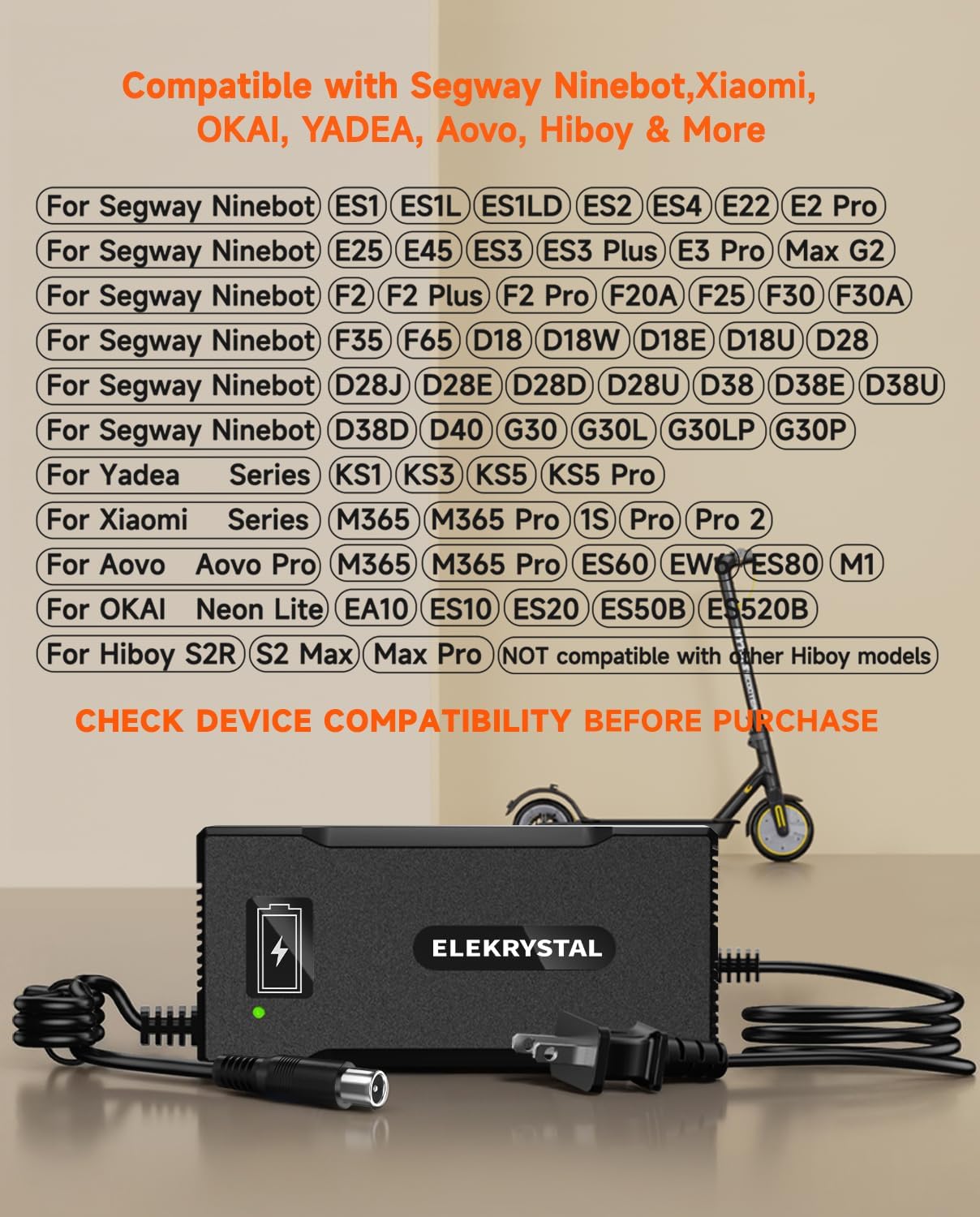 42V 5A Fast Charger for Segway Ninebot MAX G30LP/G30P/ES1/ES2/ES4 & Xiaomi M365 - Compatible with F25/F30/F40, Spin, Skip, Bird, Lime Scooters 36V Li-ion Battery, 8mm Connector