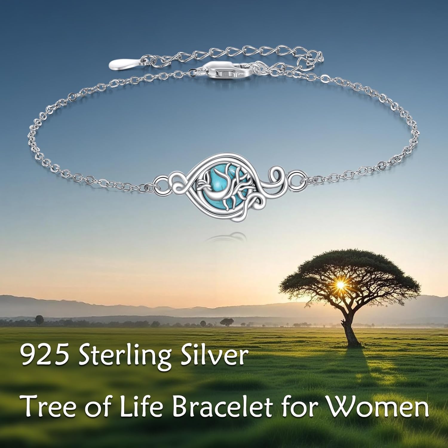 Tree of life Turquoise Bracelet 925 Sterling Silver 8mm Round Natural Turquoise Tree of life Bracelet Jewelry Gift for Women