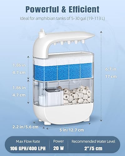 Miniatura 6 de Pawfly Filtro de tanque de tortuga de 106 GPH de 5 W, filtro de tortuga de bajo nivel de agua para tanques de 5 a 30 galones, filtro interno