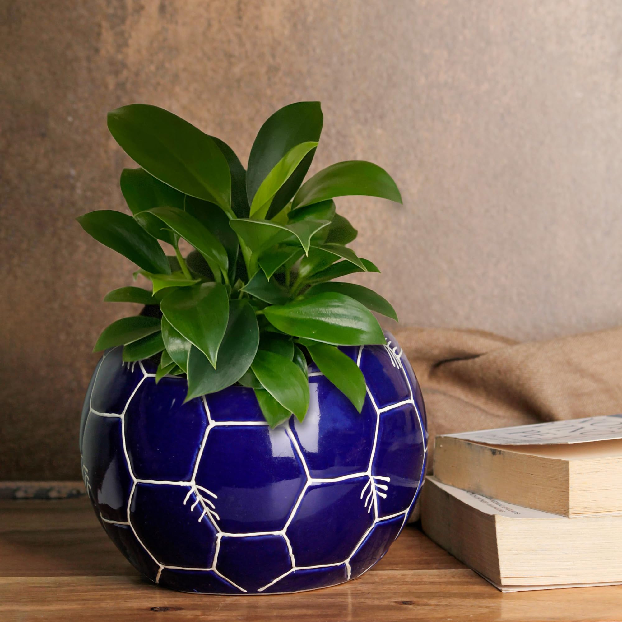 The Earth Store 5.7 Inch Blue Football Ceramic Planter for Indoor Outdoor Plants, Living Room, Garden, Balcony, Home Decor Flower Pot Set of 1 (Flowers Not Included)