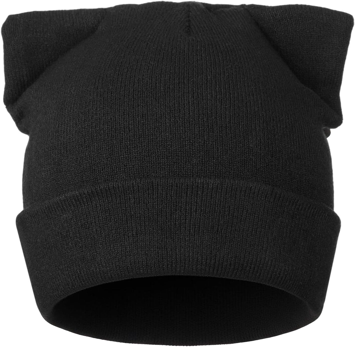 Cat Ear Beanie for Women Men, Knitted Skull Cap with Cute Ears, Stretchy Soft Winter Hat, One Size Fits Most (56-60cm) Black