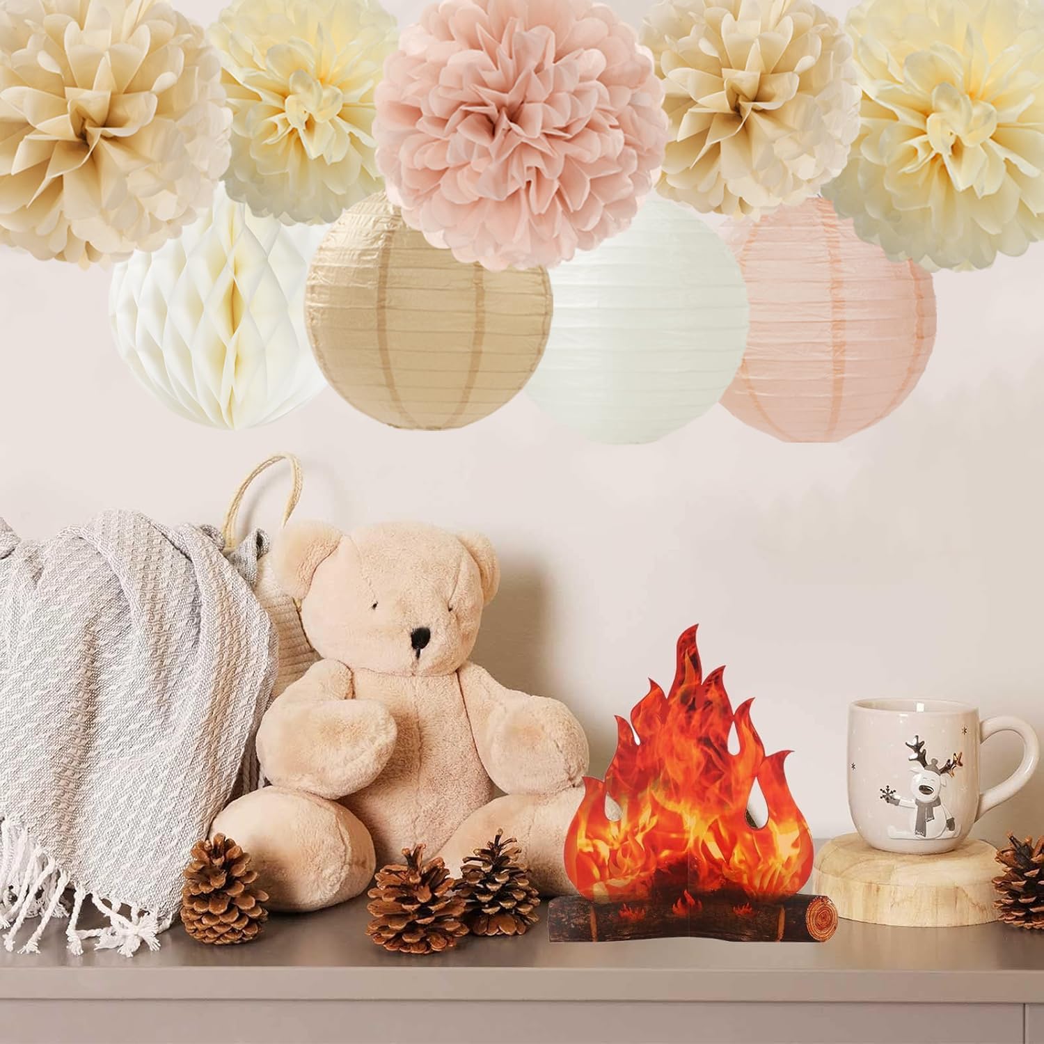 Champagne Beige Paper Flowers Tissue Pom Poms Honeycomb Lanterns 15pcs Party Decorations for Boho Fall Rustic Birthday Baby Shower Neutral Autumn Wedding Bridal Hanging Decor Mprocherify - Image 4