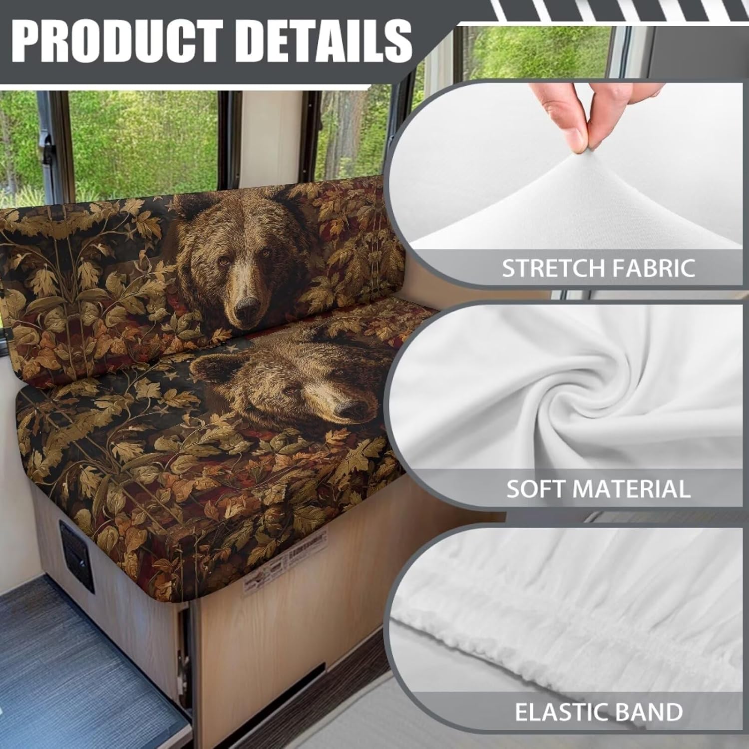 Bear Camo 2 Pack RV Dinette Cushion Covers Stretch American Flag Camper Cushion Slipcover Non-Slip RV Couch Cover Sofa Slipover for Travel Trailer Couch