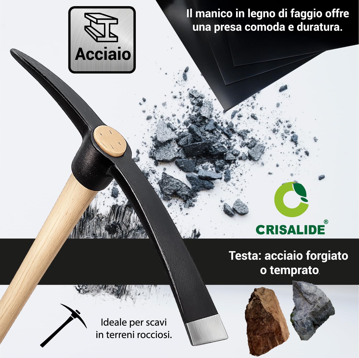 Crisalide® Piccone in Acciaio Temprato 47 cm con Manico in Legno di Faggio 97 cm – Attrezzo da Scavo Robusto per Terreni Rocciosi, Superfici Dure e Lavori Agricoli Intensivi