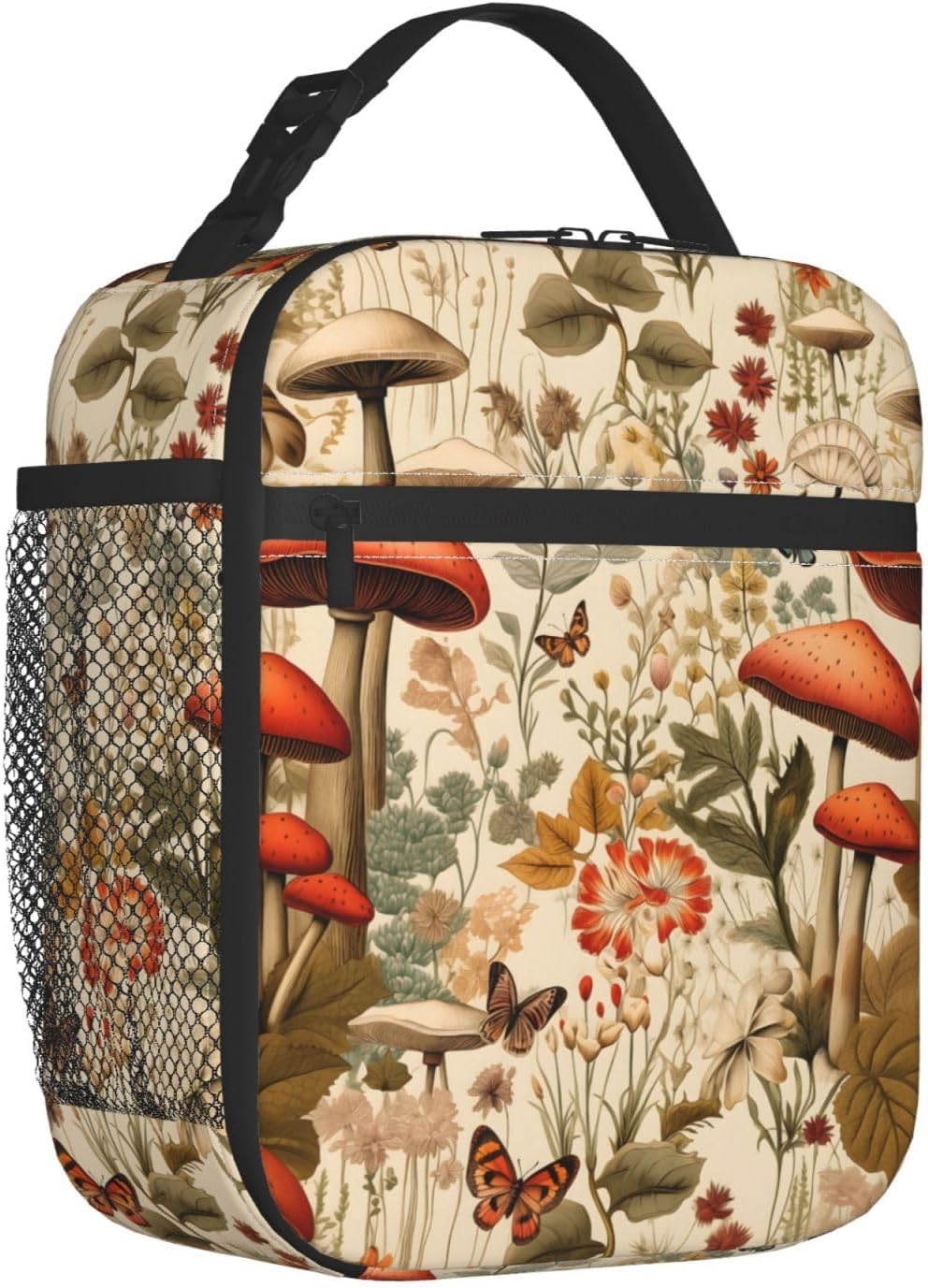 Reusable Mushroom Retro Lunch Box for Kids, Insulated Butterfly Floral Vintage Bag,Polyester Cooler Nature Lovers Handbags Case for School Picnic Work Travel Beach or Hiking, Gifts