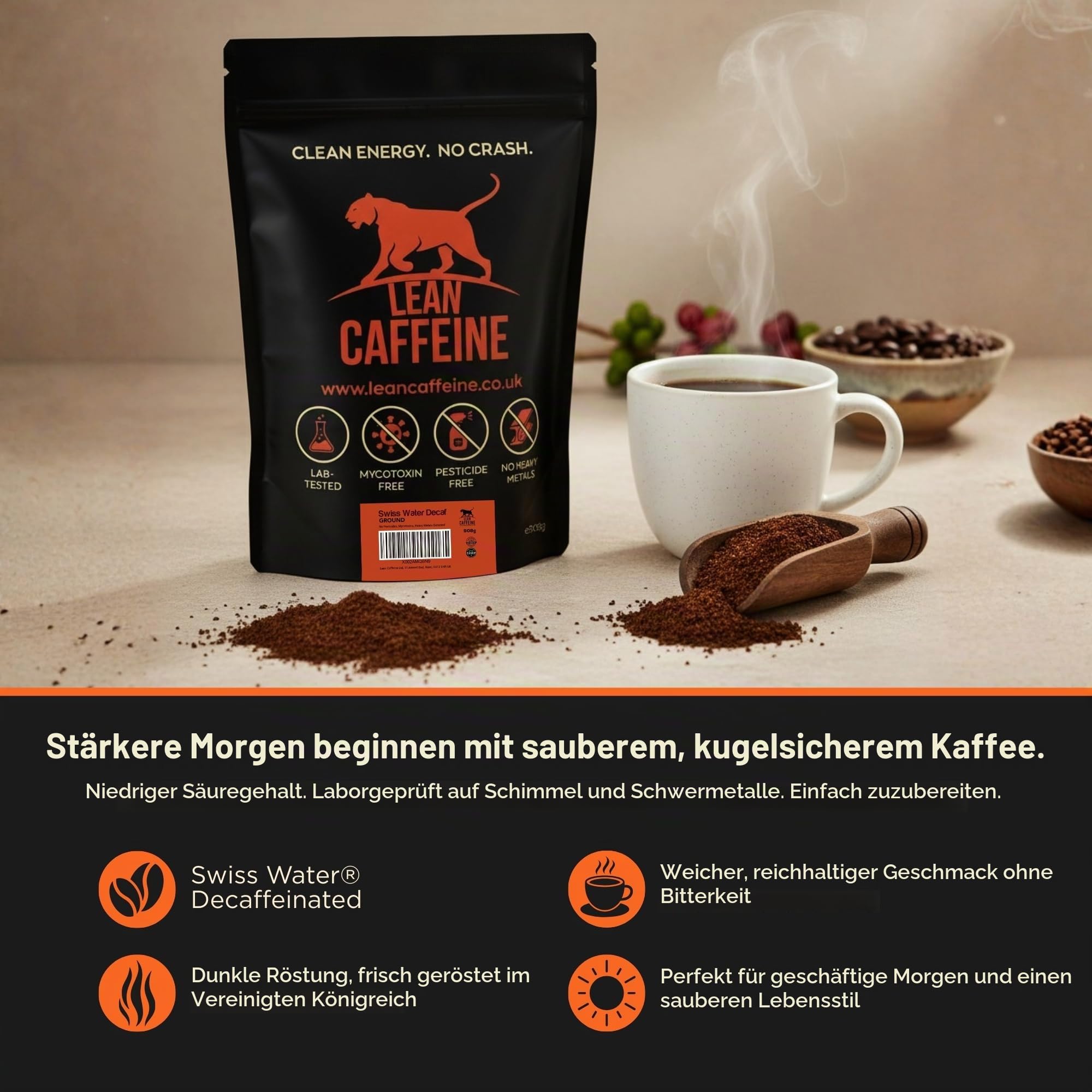 Lean Caffeine Bulletproof Coffee Entkoffeinierte Kaffee GEMAHLEN - 908g