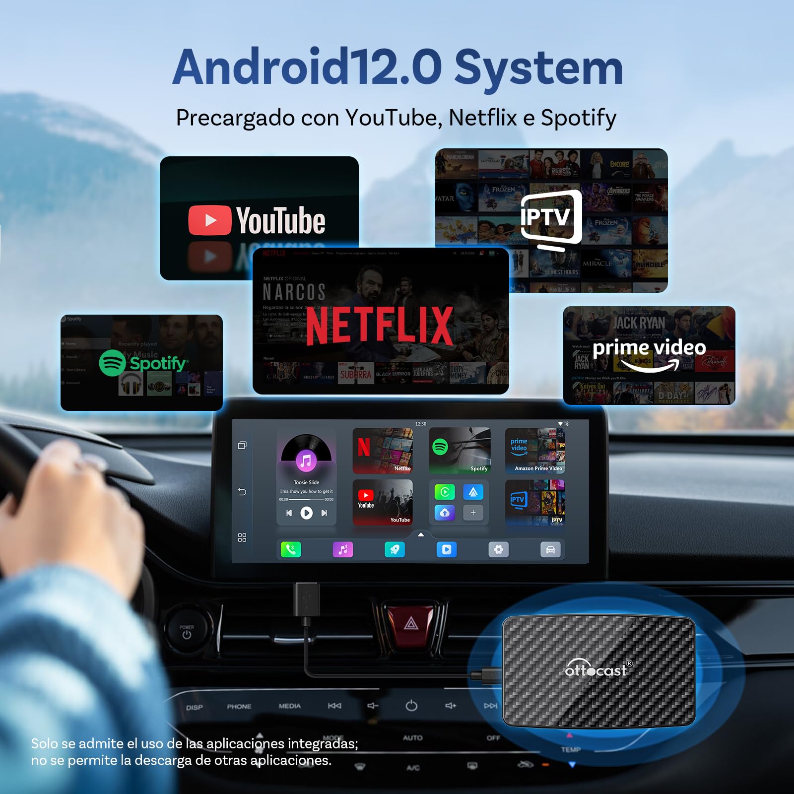 Ottocast Play2Video Pro, Adaptador inalámbrico CarPlay y Android Auto para Autos con CarPlay por Cable de fábrica, Caja Multimedia AI 2 en 1 con Netflix, Youtube, Prime Video, WiFi 5G y Bluetooth 5.0