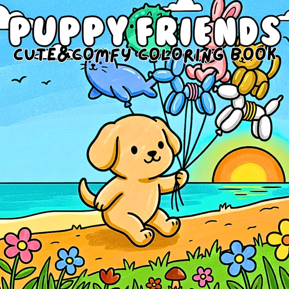Puppy friends Cute and Comfy Coloring Book: Super Cute Comfy Scenes with Floating Balloon Friends for Relaxation and Stress Relief