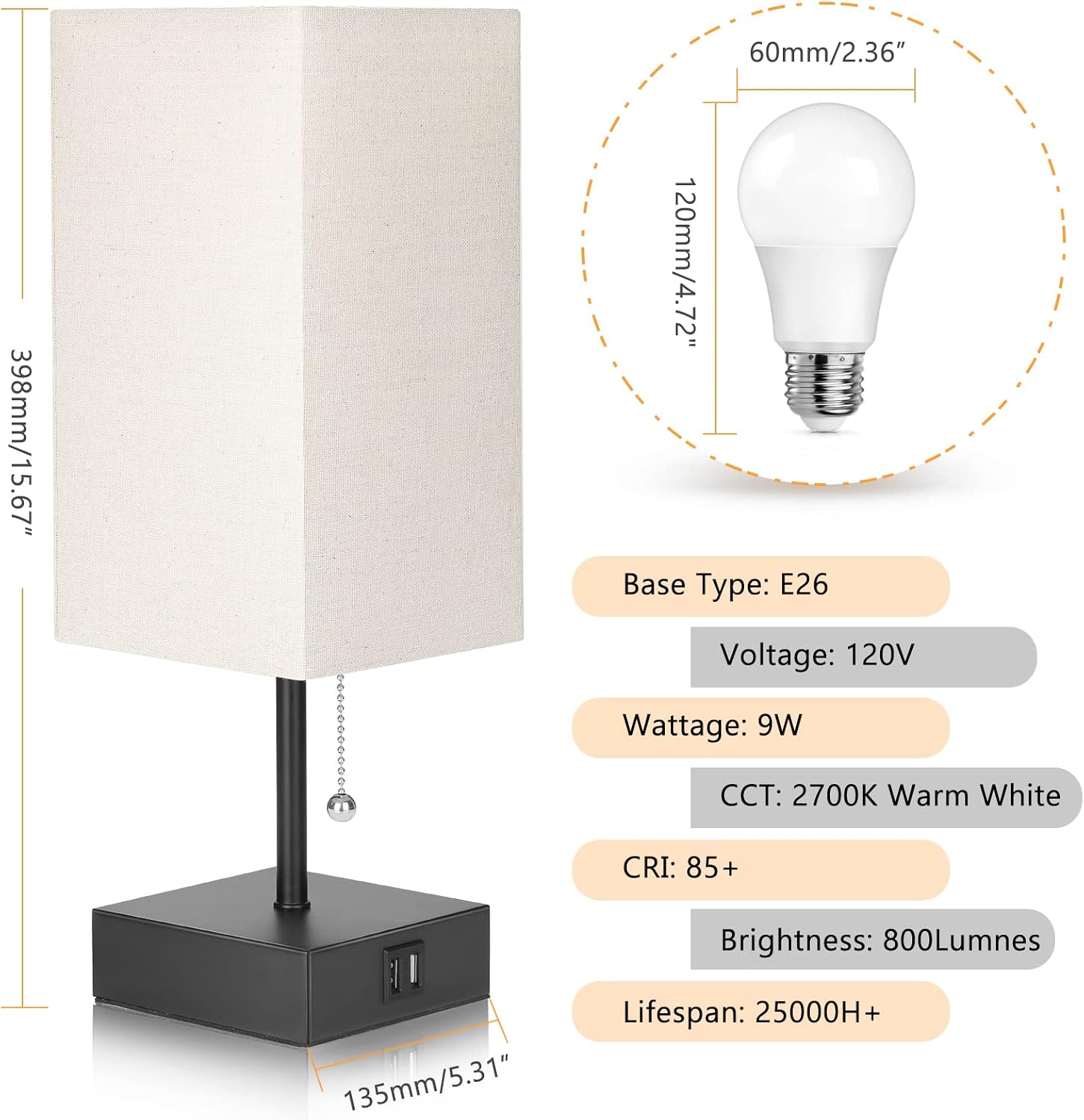 GGOYING Bedside Table Lamp, Pull Chain Table Lamp with Dual USB C+A Charging Ports, 2700K LED Bulb, Fabric Linen Lampshade, Nightstand Lamp for Livingroom Bedroom Office Reading Working
