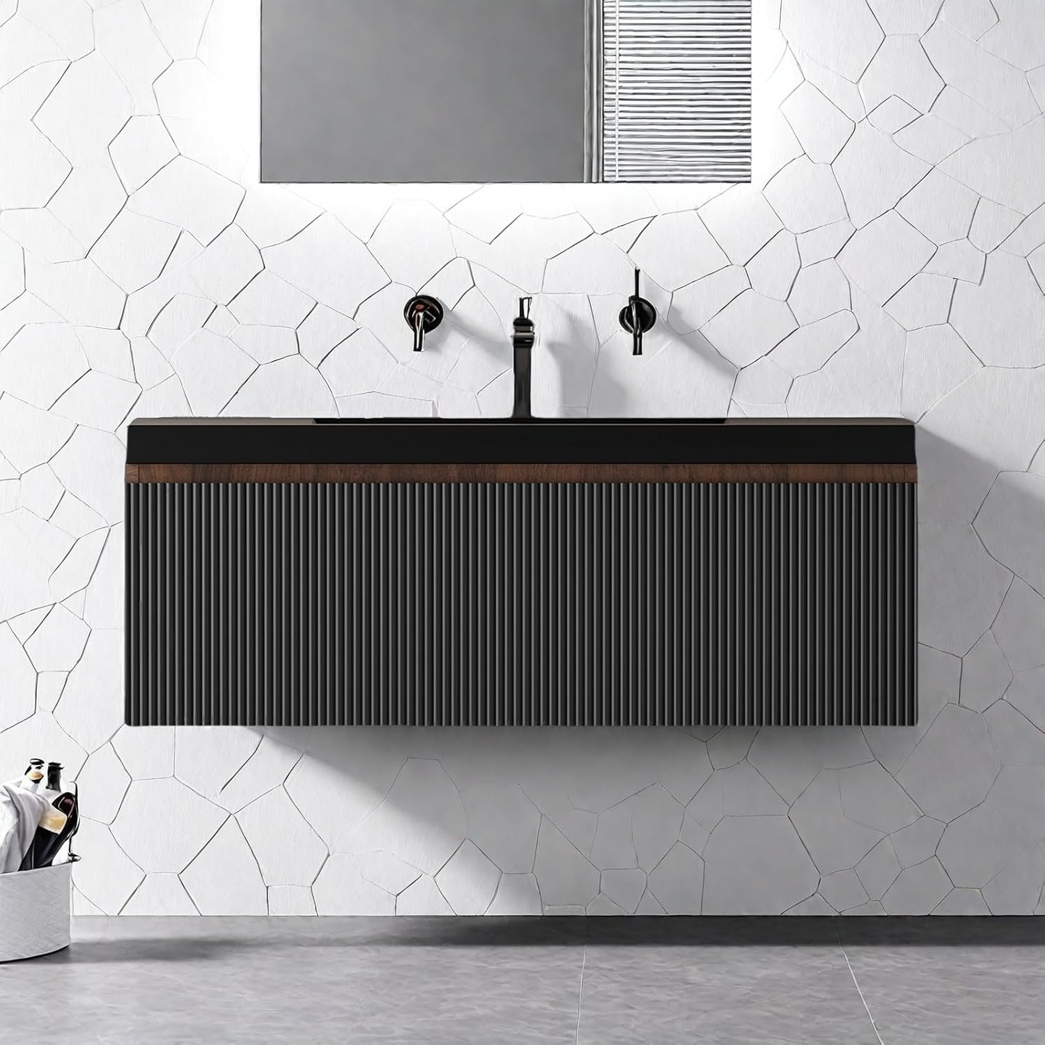 Wall Mounted Bathroom Sink Vanity, Modern 36" Floating Vanity with Resin Top Basin Sink and U-Shaped Soft-Close Storage Drawer, Striped Bathroom Storage Cabinet with Invisible Handle, Black