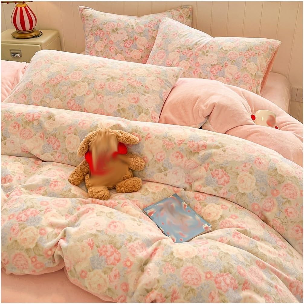 Milk Velvet Duvet Cover Set Queen Size 4 Pieces Soft Comforter Sets with Zipper Closure Bedding Set with Zipper Closure(E,King/180cm)