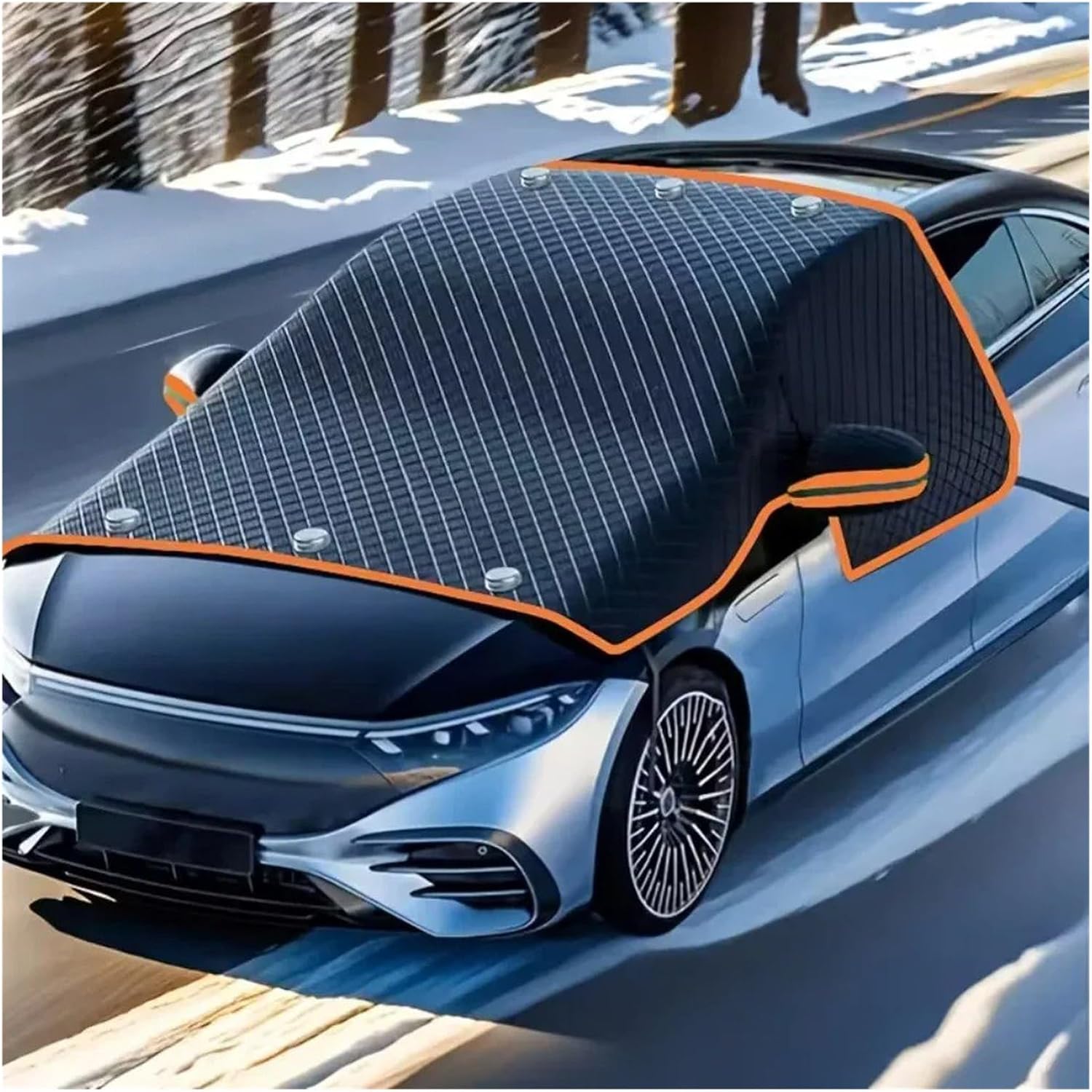 Snow Protection for Cars Magnetic Fastening Car Windshield Snow Cover Oxford Cloth Protector UV/Sunshade with Orange Reflective Strip