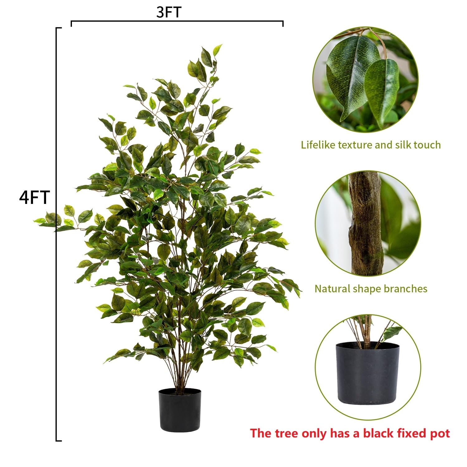 Artificial Ficus Tree Indoor 4ft, Large Potted Faux Tree with Realistic Silk Leaves & Trunk for Home Office, Living Room Corner Decor
