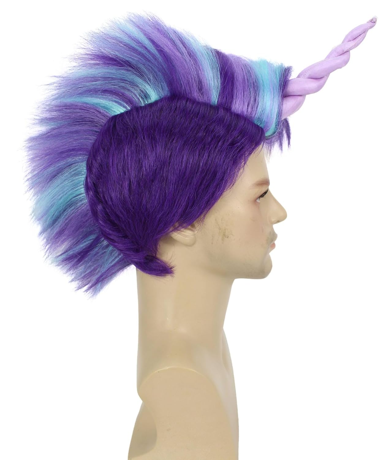 Men's Fairytale Purple & Blue Spiky Wig with Horn | Crazy Fantasy Cosplay Costume Wigs | Heat-Resistant Synthetic Hair for Halloween, Party & Stage