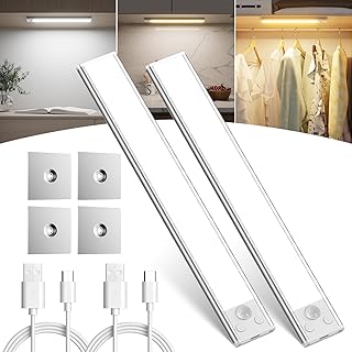 Luz LED Adhesiva 30cm 2 Piezas, Regulable Luz LED Armario con Sensor de Movimiento con 3 Color Modos, USB Recargable Luz Led Cocina Tira Magnética Nocturna para Dormitorio, Escaleras, Pasillo, Garaje