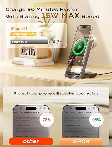 Miniatura 6 de Magsafe - Estación de carga 3 en 1 para iPhone, cargador inalámbrico con ventilador de refrigeración para iPhone 16, 15, 14, 13, 12 y cargador