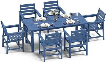 FOOWIN Outdoor Table and Chairs Set 7-Piece HDPE All Weather Patio Dining Set with Umbrella Hole,Outdoor Patio Furniture Dining Set for 6,Patio Kitchen Table Set for Garden,Backyard,Poolside Blue