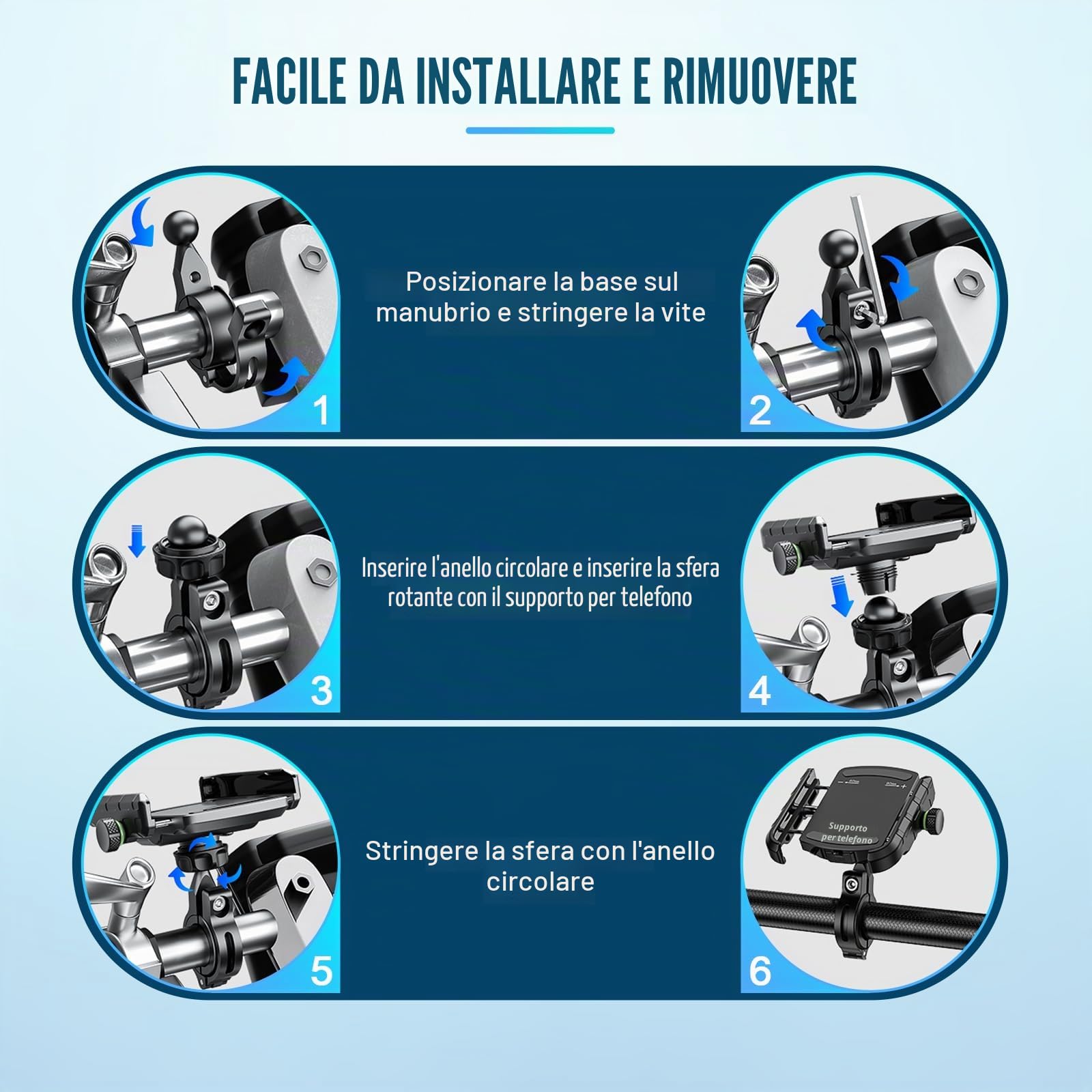 Porta Cellulare Bici, Supporto Telefono per Moto Universale Anti-Shake, Supporto Smartphone per Bici Manubrio MTB Scooter 360° Rotabile Compatibile con 3.5"-7.0" iPhone Samsung Huawei (Nero)