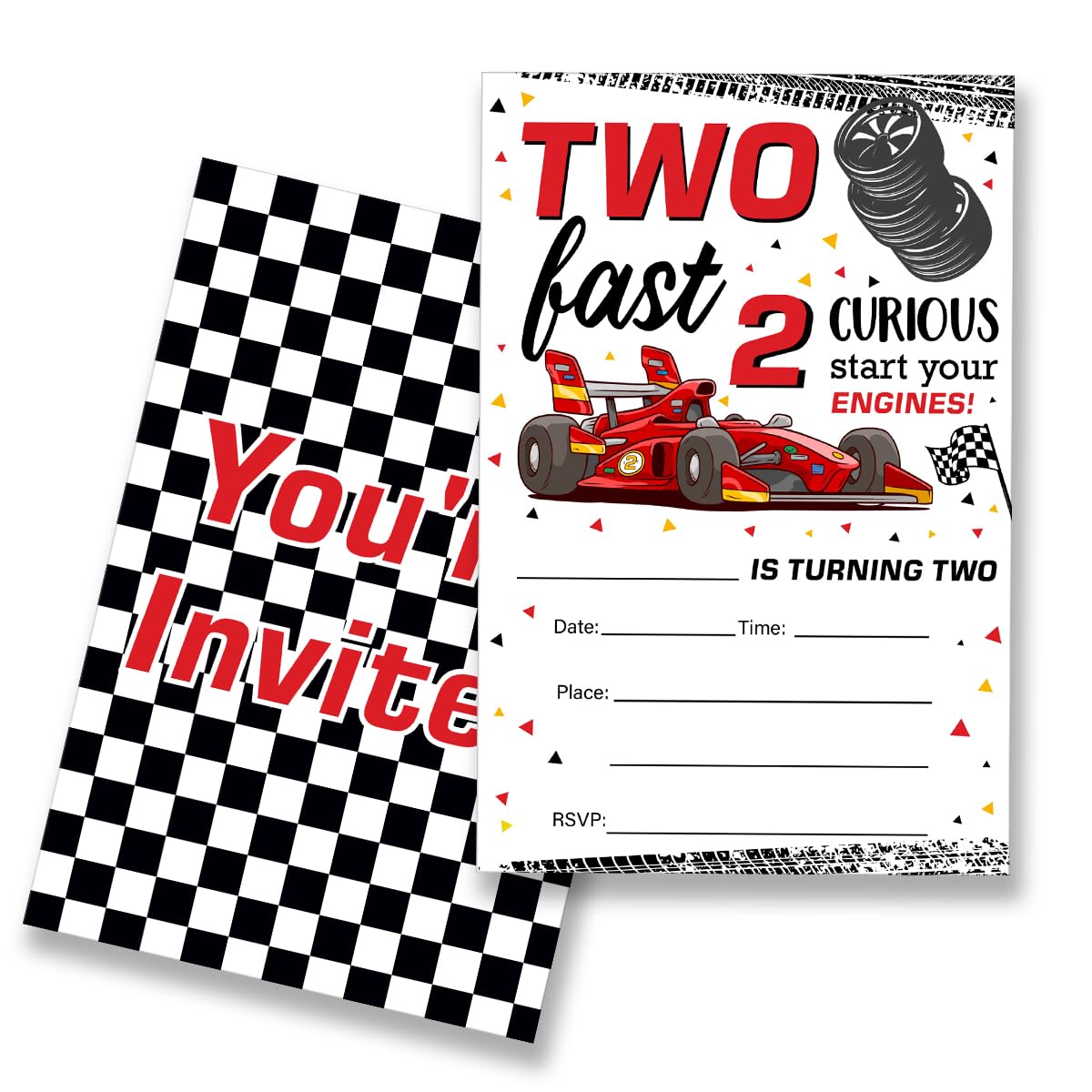 EUDOSI Two Fast Birthday Party Invitations Supplies Fill-In Set of 20 with Envelopes Two Fast Boy Race Car 2nd Birthday Bash Invites Cards, Double