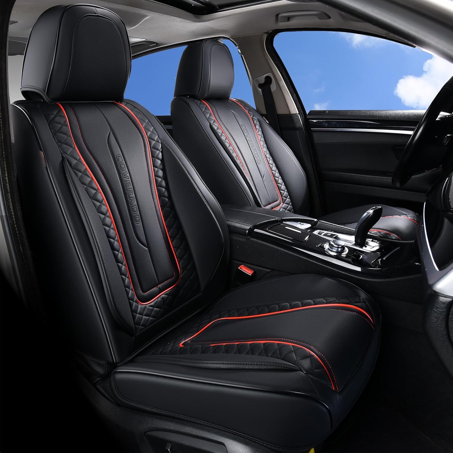 Coverado Car Seat Covers for Front Seat, Leather Seat Covers for Cars, Front Seat Covers, Waterproof Car Seat Protectors Car Seat Cushions Universal for Most Vehicles, Black&amp;Redline