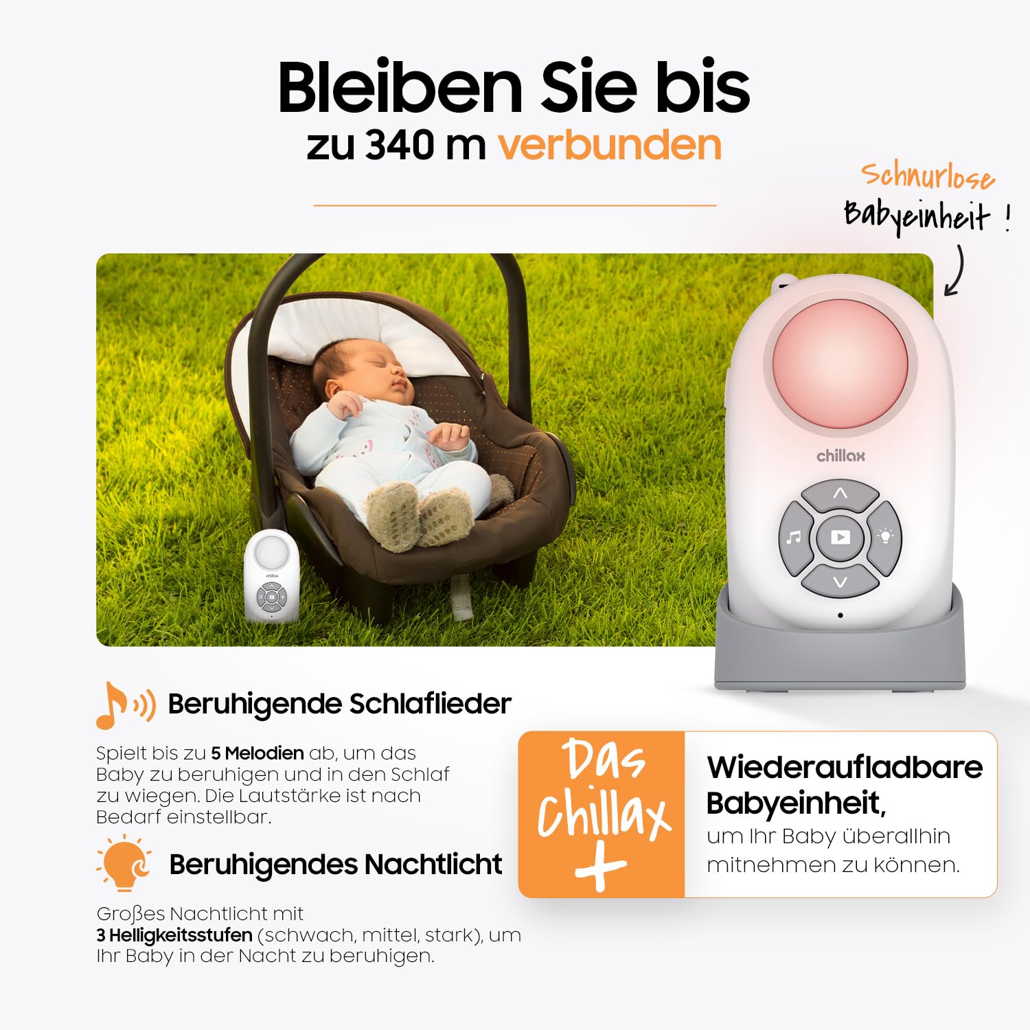 CHILLAX - Audio-Babyphone CB360 Portable - DECT - 2 schnurlose Einheiten - VOX & Eco Modus - Temperatursensor - Gegensprechfunktion - 340 m Reichweite - Nachtlicht & 5 Wiegenlieder - 13 h Akkulaufzeit