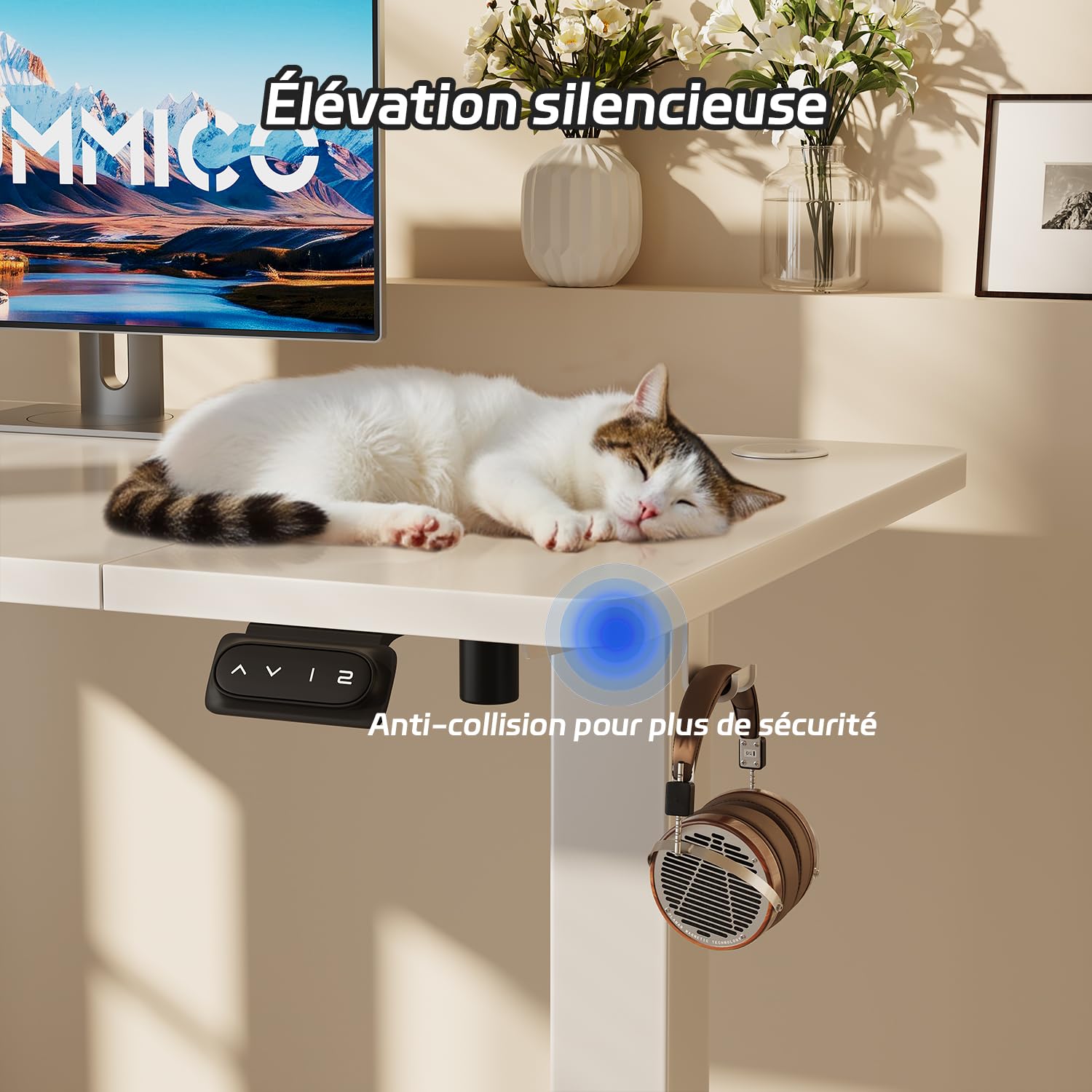 JUMMICO Réglable en Hauteur Bureau Assis Debout Électrique Blanc | 120 x 60 cm, avec Fonction Mémoire avec Crochet, Bruit <50dB, 60 KG, pour Bureau à Domicile