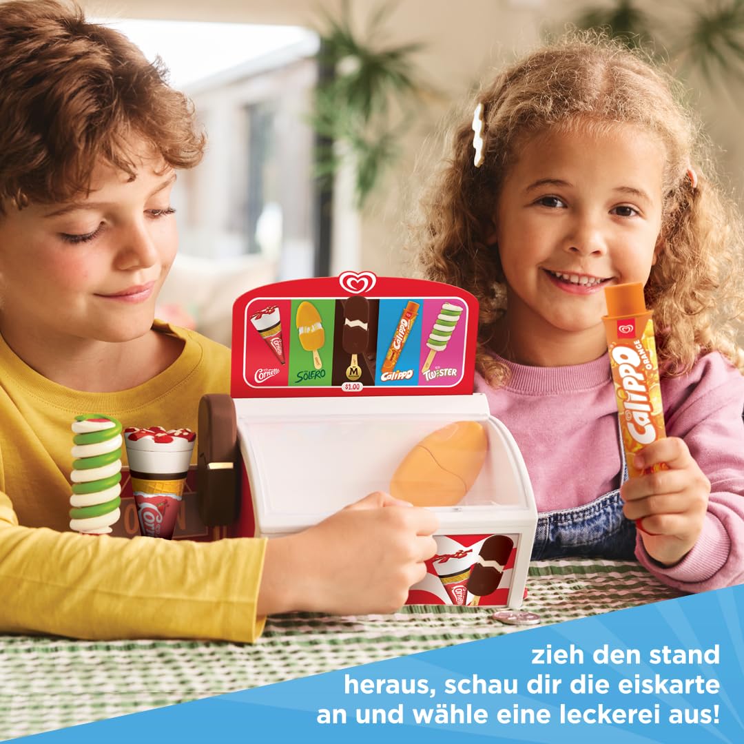 Authentische Langnese Spielzeug-Eistruhe von Casdon | Laden-Spielset für Kinder ab 2 Jahren | Mit ausziehbarer Ablage, Spielmünzen und 5 authentischen Langnese Eiscremes