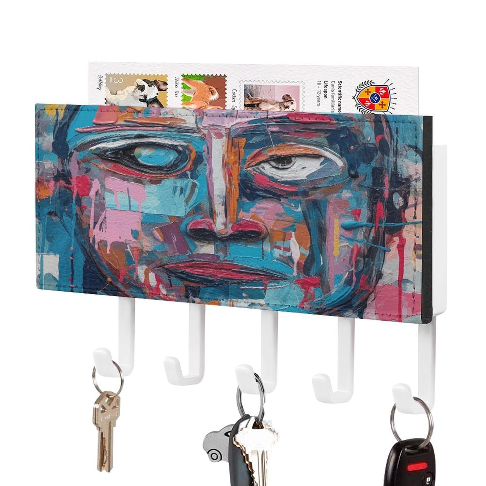 Fekiloot White-Style Peach And Blue Face Key Holder Wall Mount Key Hanger With 5 Hooks Decorative Key Rack Hanging Key Hooks With Mail Organizer Key Holder For Wall Living Room Kitchen Bathroom Hallway White