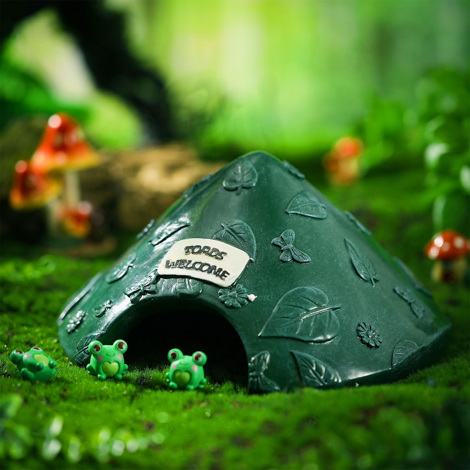 Casa de rana y sapo de resina, cueva para reptiles, 8 x 8 x 3.9 pulgadas, casa de sapo para jardín exterior, acuario, escondite para sapo, rana, tortuga, lagarto, araña y peces (verde)