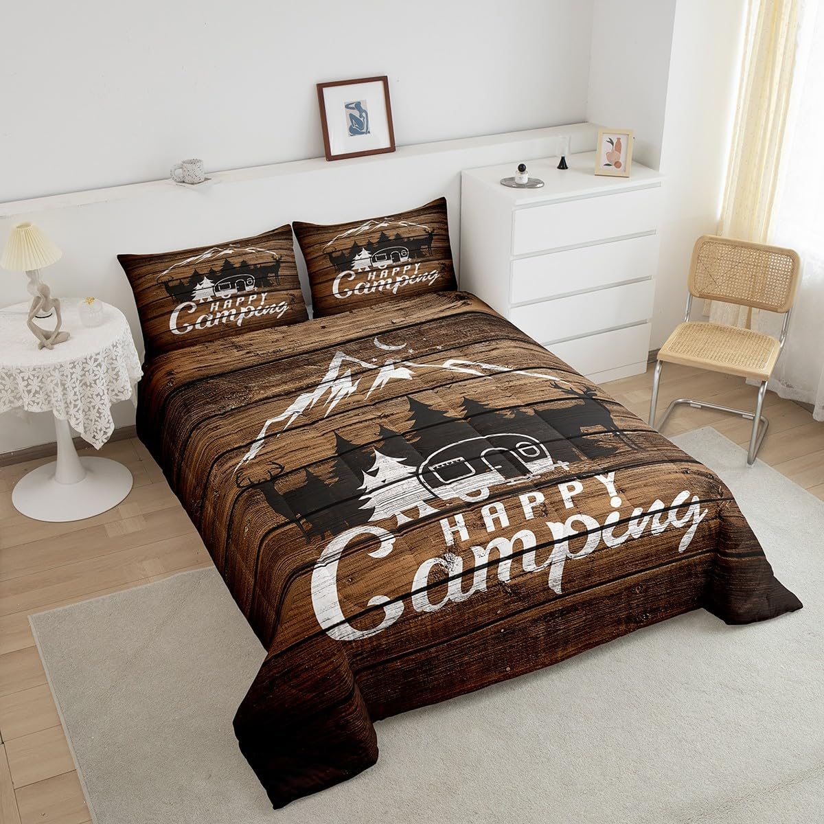 Feelyou Happy Camping Comforter Queen Size Camper Bedding Set for Boys Girls Teens Bedroom Decor Kids RV Camping Comforter Set Farmhouse Trailers Camper Duvet Set with 2 Pillow Case