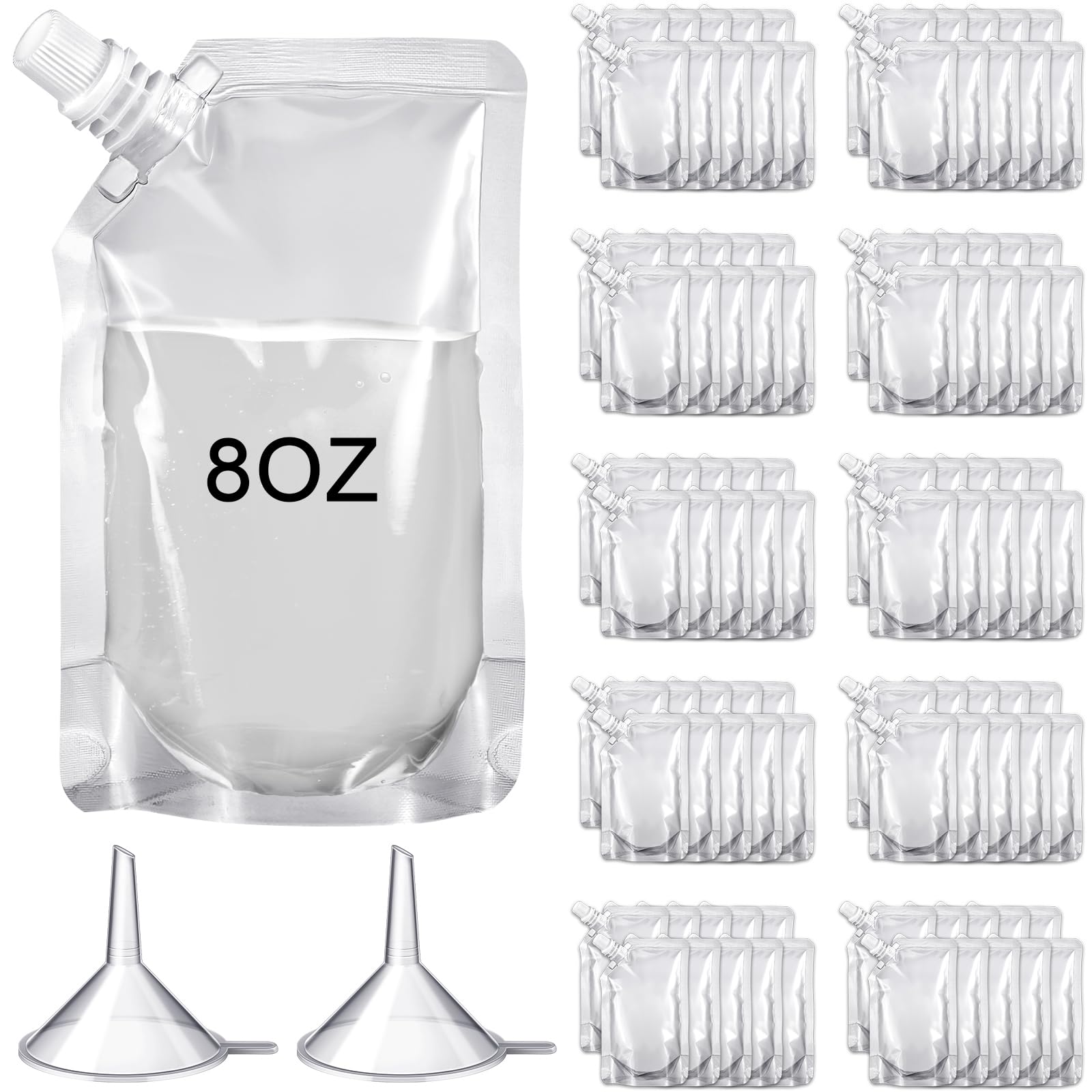 Meanplan 100 Pcs Plastic Pouches Bulk Reusable Squeeze Pouches Clear Plastic Juice Leak Proof Bags with Funnel for Party Favors Supplies(8 oz,Inclined Mouth)