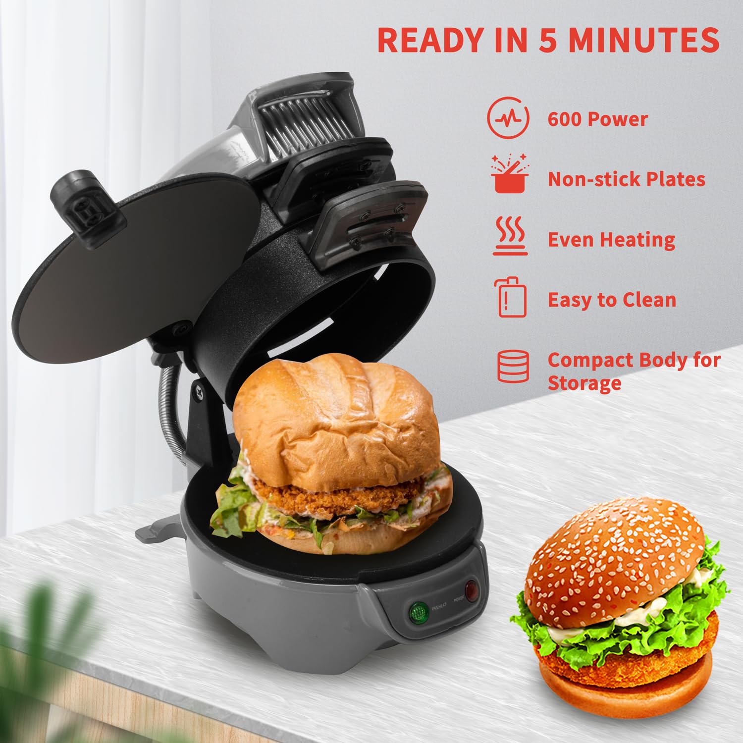 HENYEER Sandwich Toaster Burger Maker, con anelli per uova e timer, efficienti piastre riscaldanti antiaderenti con rivestimento in ceramica antiaderente, perfette per hamburger, etc (Grigio)