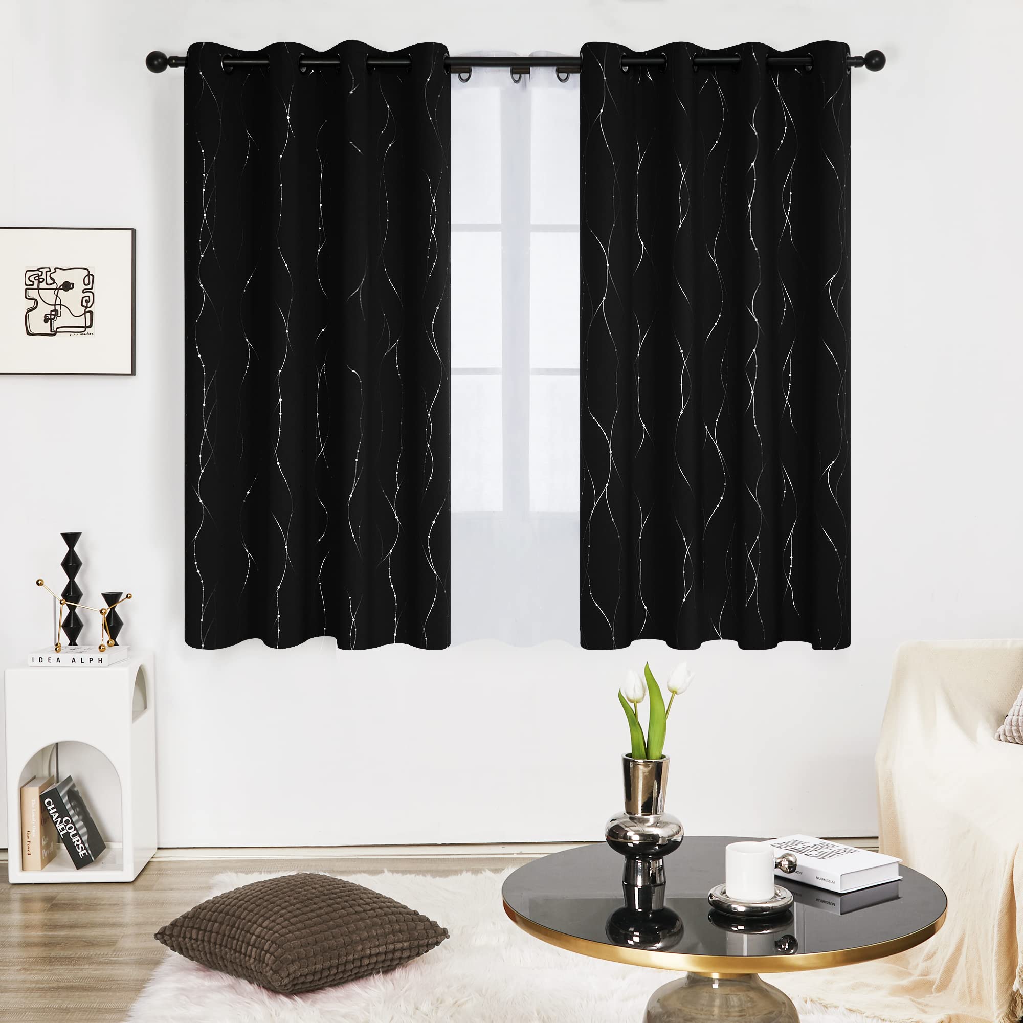Deconovo Home Decoration Dotted Line Foil Printed Blackout Curtains Energy Saving Thermal Insulated Eyelet Room Darkening Curtains for Doors with 52 x 54 Inch Black Two Panels - 3