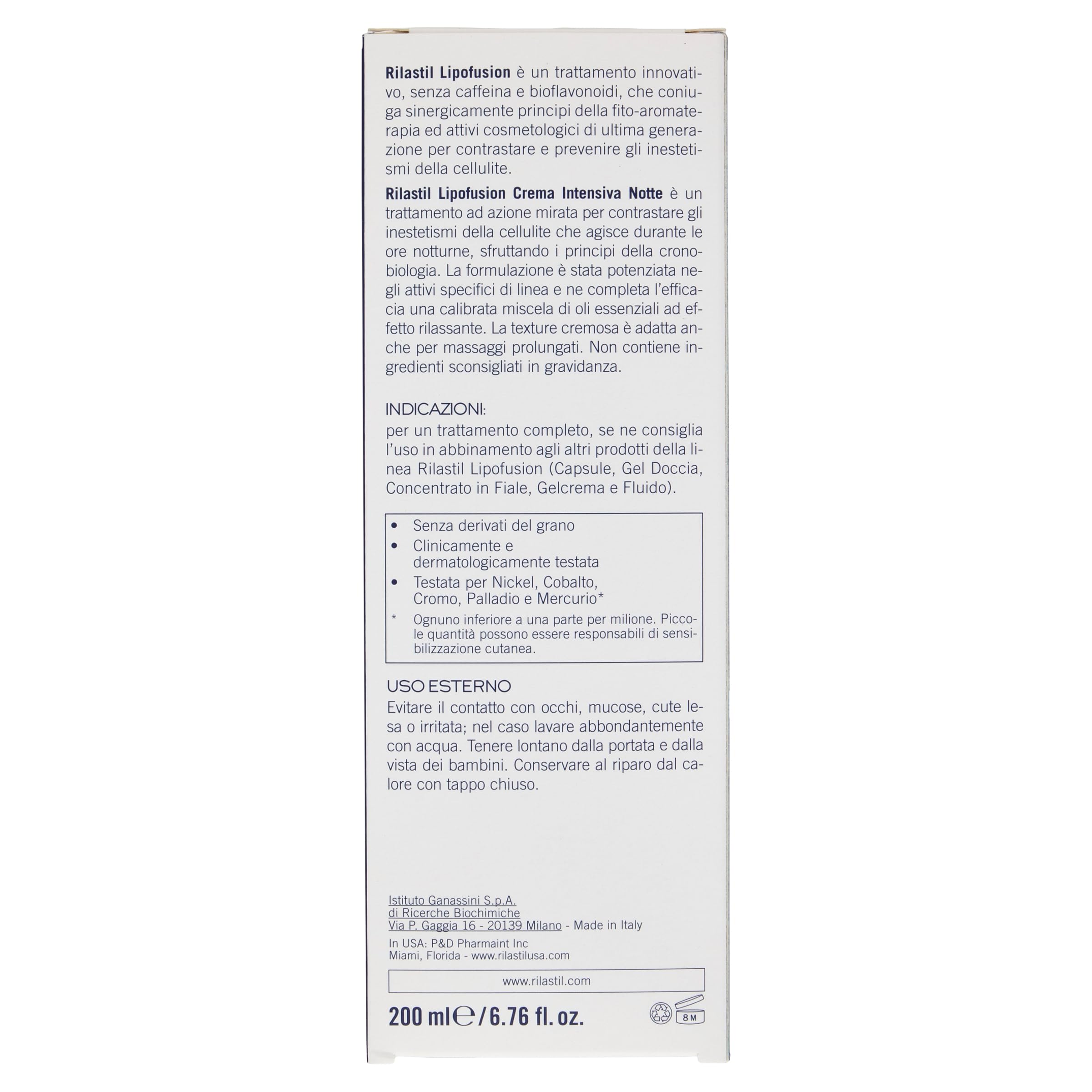 Rilastil Lipofusion Intensive Nachtcreme, Cellulite-Behandlung, Leichte und Feuchtigkeitsspendende Textur, 200 ml