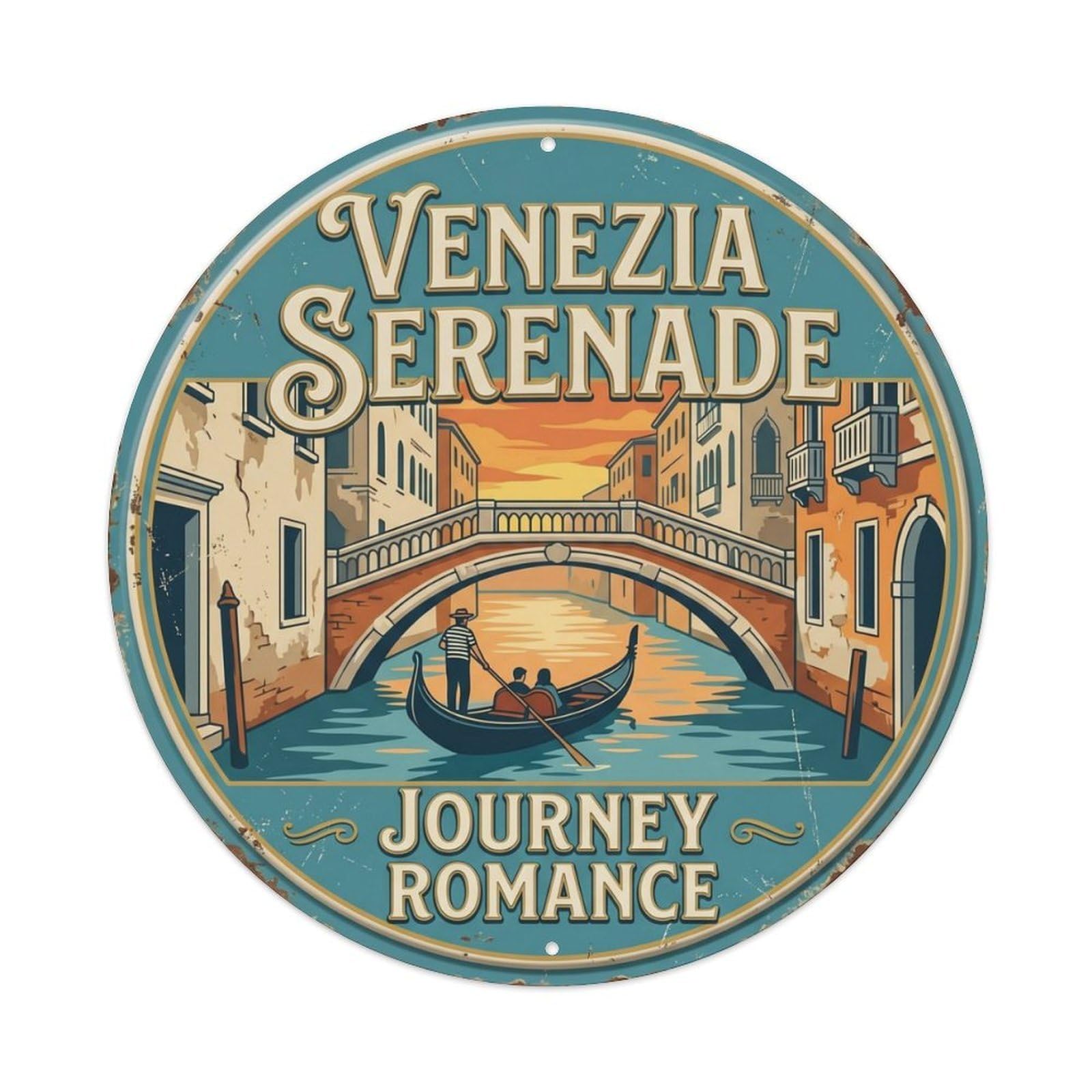 Gondola Serenade Journey Venice Waterway Metal Tin Sign Plaque Wall Decor for Cafe, Club Bar, Office, Home Garden Round Metal Poster 8x8Inch