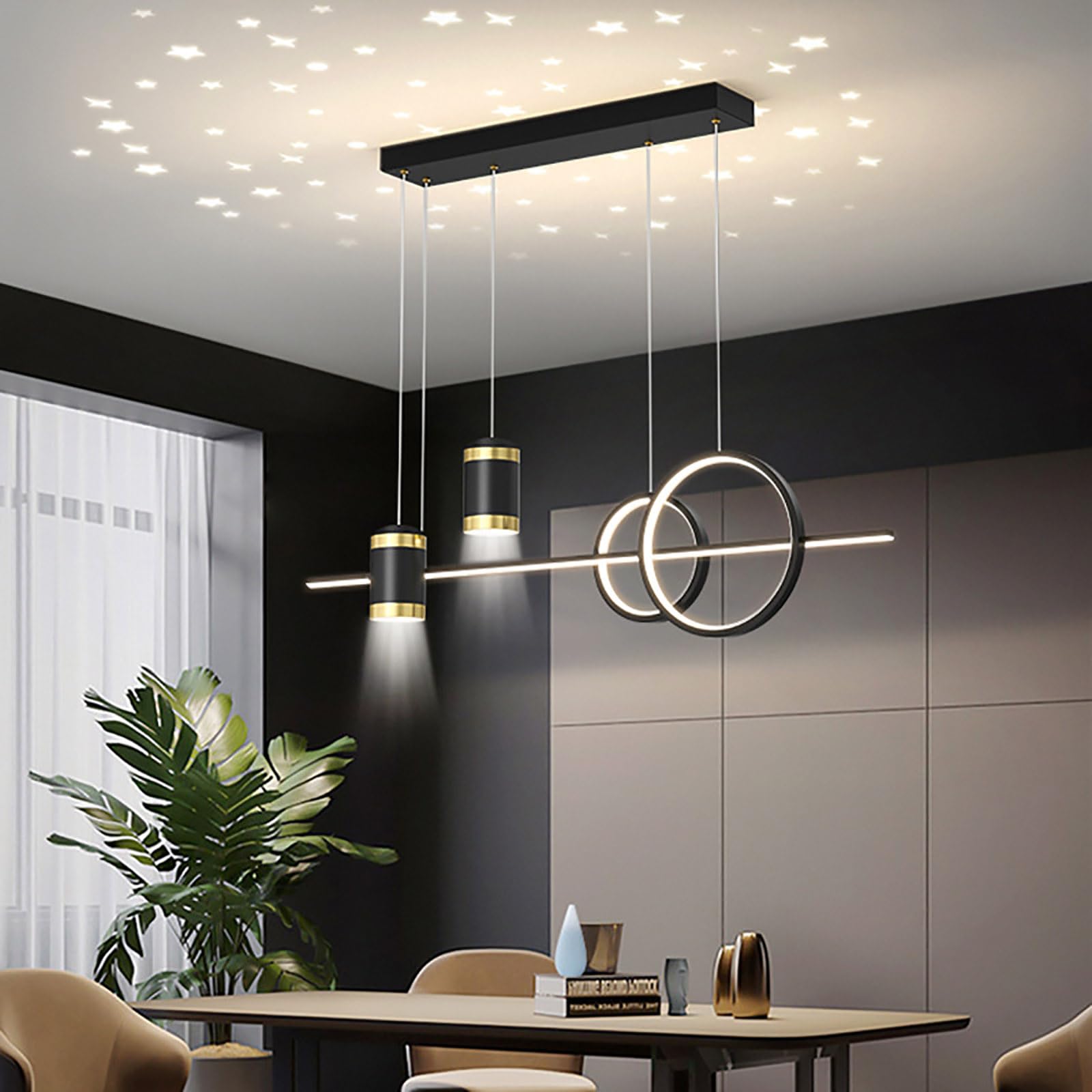 HYJAUSXB Modern Linear Led Pendant Light,dimmable Chandelier With Spotlights,adjustable Hanging Light Fixture For Kitchen Island,ceiling Star Sky Projection Dining Table Bedroom