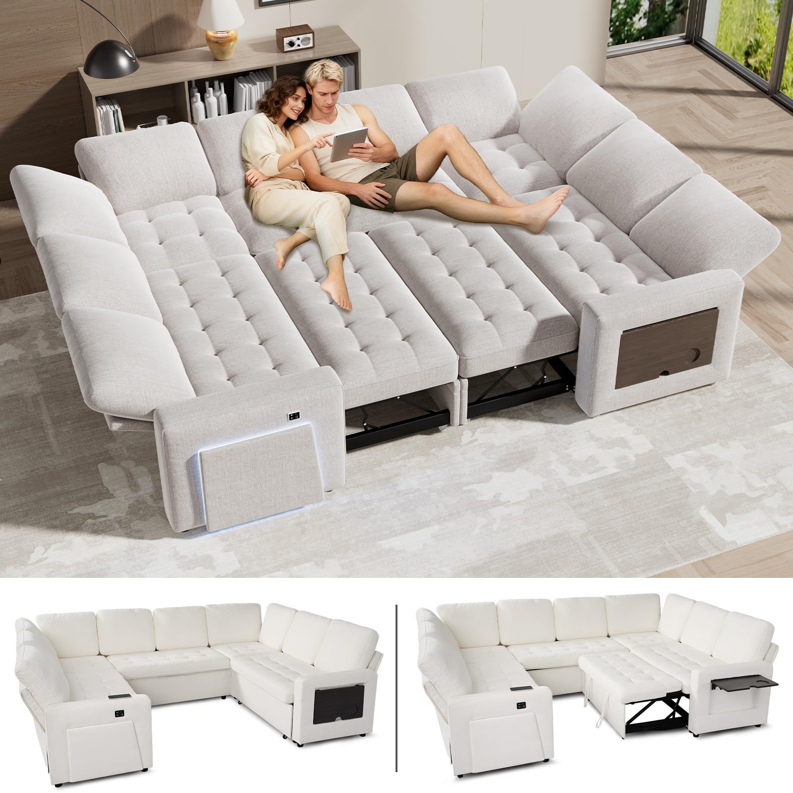 WEUP 8 Seat U Shaped Sectional Sleeper Sofa Bed with Pull Out Bed, Chenille Sectional Sleeper Couch with Adjustable Backrest, USB Ports, LED, Side