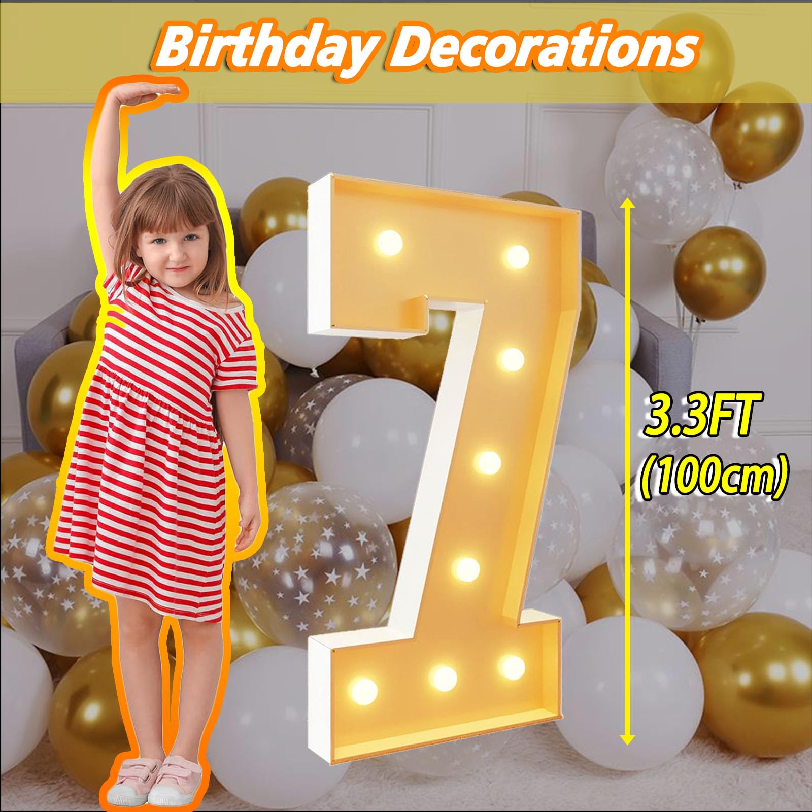 Números iluminados para decoración de séptimo cumpleaños, 100 cm/3,3 pies, 7 números Grandes de marquesina para decoración de Fiesta de Aniversario de 7.º y 17.º cumpleaños, cartón