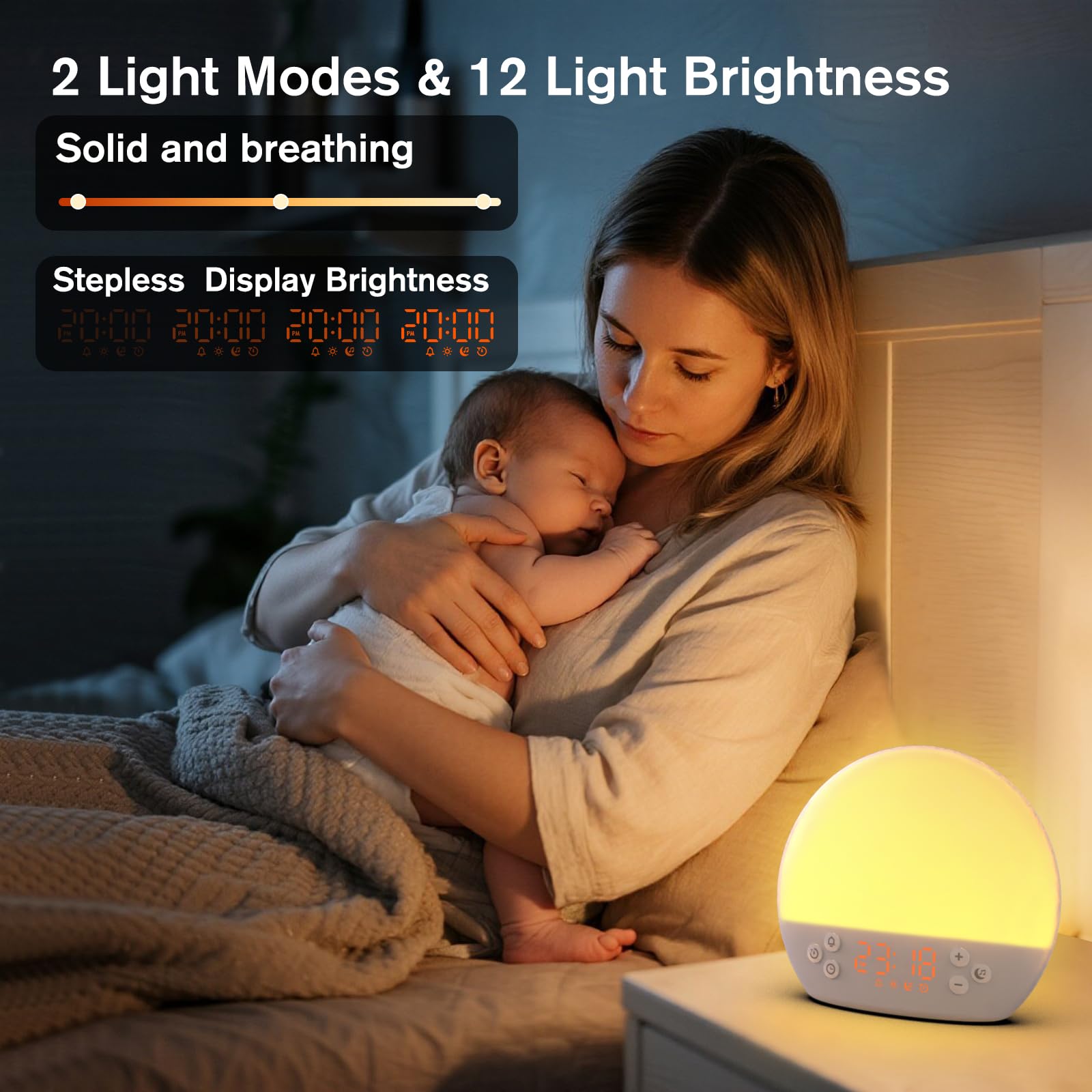 KEPLUG Réveil Lumineux Simulateur d'aube, Eveil Lumière Reveil Matin avec Snooze/Minuteur, Machine Bruit Blanc avec 30 Sons Apaisants, Réveil Lumière Veilleuse Lampe de Chevet pour Enfant/Adulte
