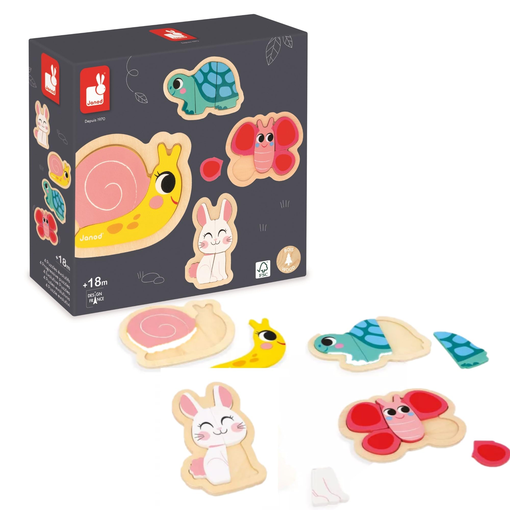 Janod - 4 Puzzle in Legno da 2 a 5 Pezzi - Puzzle Animali del Giardino - Giocattoli per Bambini - Giochi Educativi - Prima Infanzia - Dai 18 Mesi, J07116