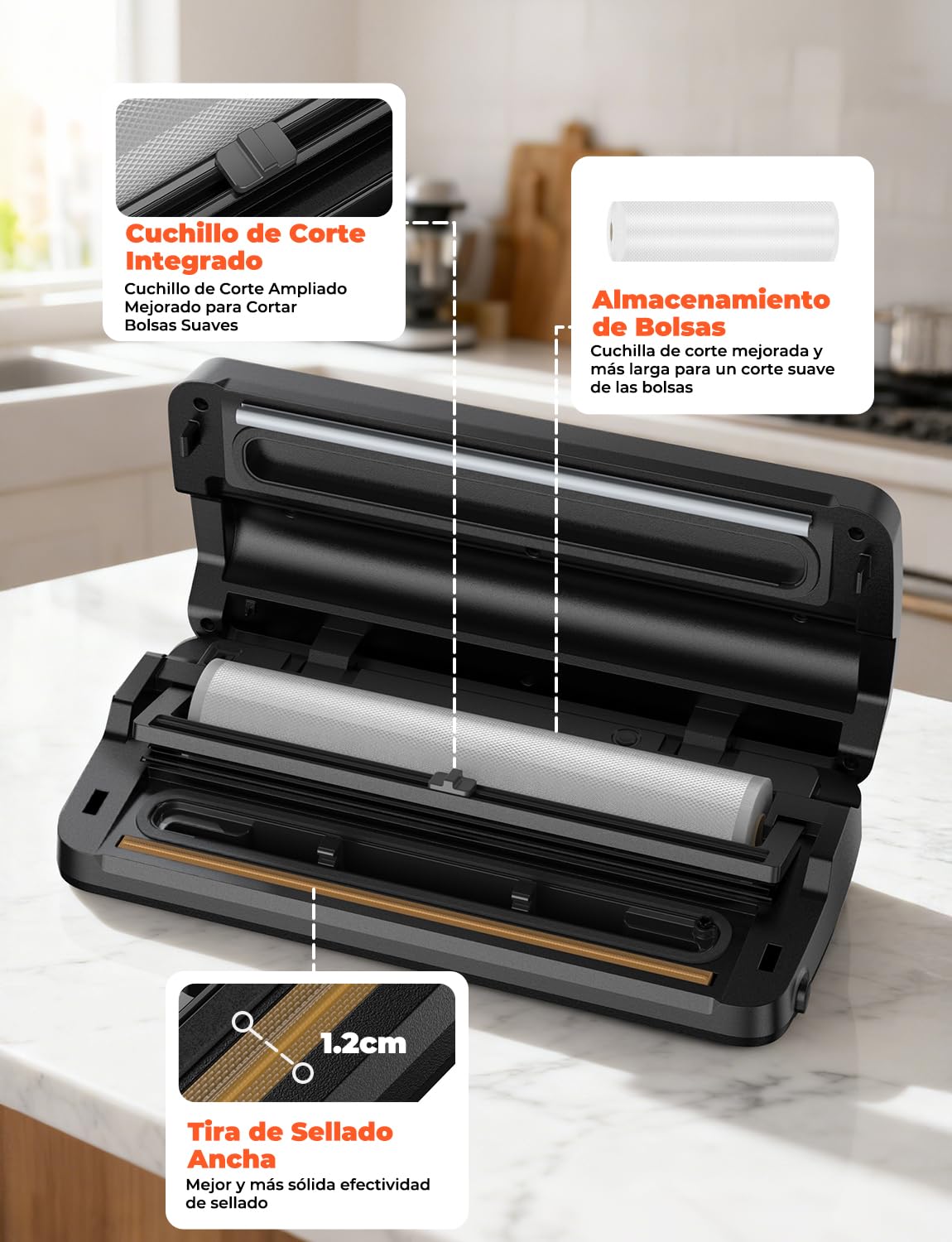 Envasadora al Vacío 85Kpa Profesional, Máquina de Vacío con Tubo de Vacío/Almacenamiento de Bolsas/Cuchilla de Corte, Incluye 40 Bolsas y 1 rollo 28x600cm Bolsas, para Alimentos Secos/Suaves/Húmedos