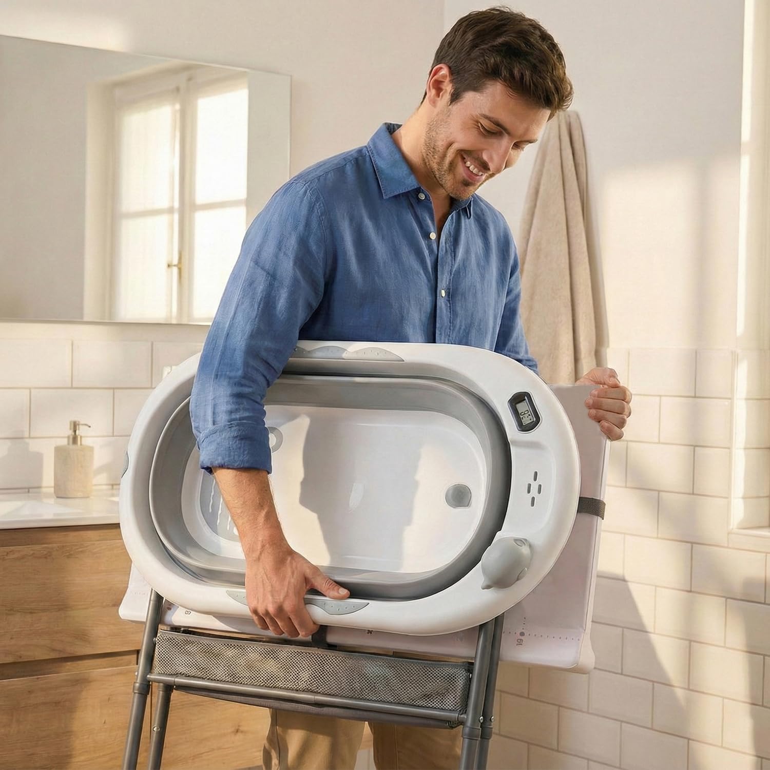 Twinly Bubbly – Bañera Cambiador Plegable para Bebé 2 en 1 – Altura Regulable Ergonómica, Bañera Extraíble para Playa y Viajes, Soporte Estable con Desagüe, Ideal para Baños Pequeños (Gris)
